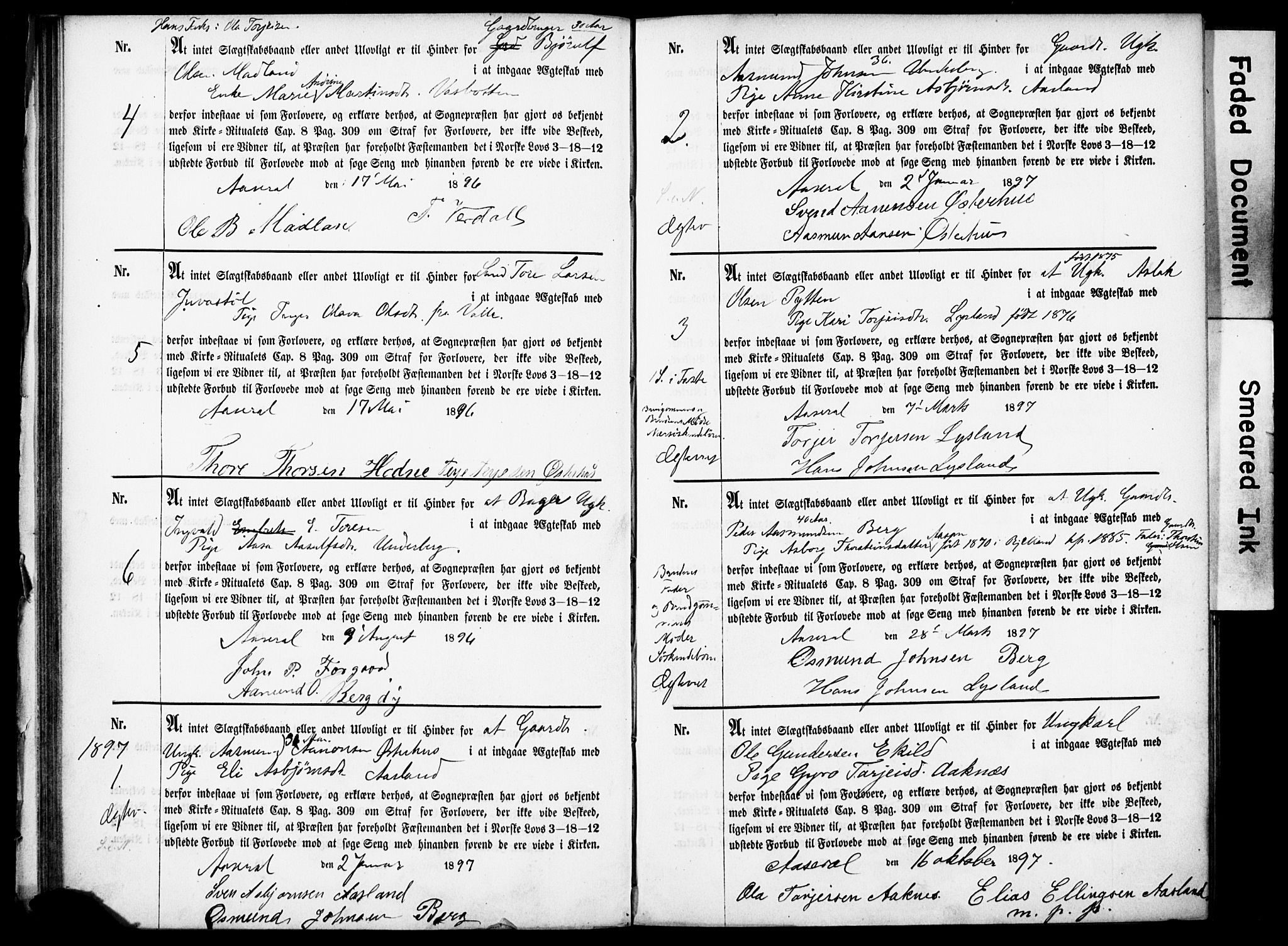 Åseral sokneprestkontor, AV/SAK-1111-0051/F/Fe/L0001: Best man's statements no. II.5.1, 1858-1911