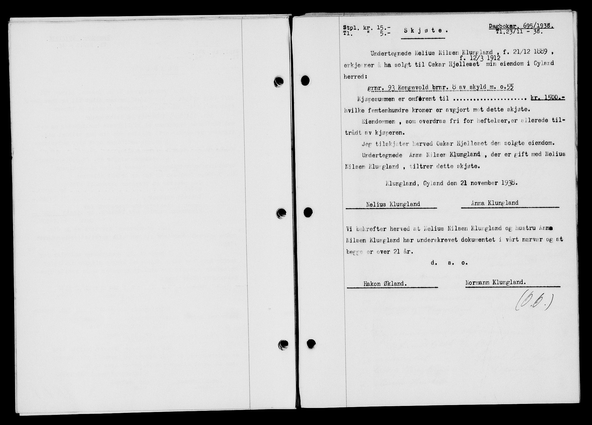 Flekkefjord sorenskriveri, AV/SAK-1221-0001/G/Gb/Gba/L0054: Mortgage book no. A-2, 1937-1938, Diary no: : 695/1938