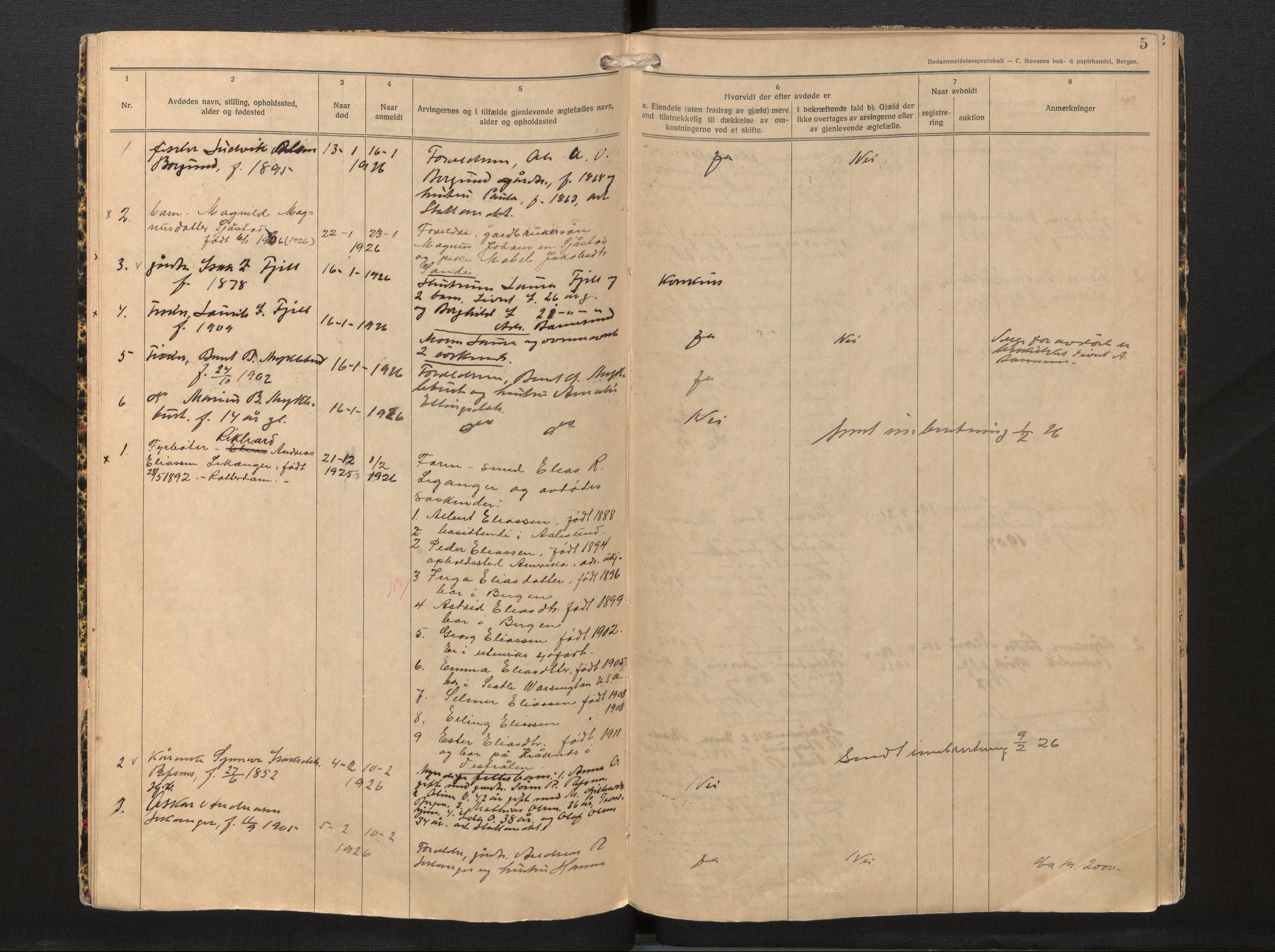 Lensmannen i Selje, AV/SAB-A-29701/0006/L0009: Dødsfallprotokoll, 1925-1929, p. 5