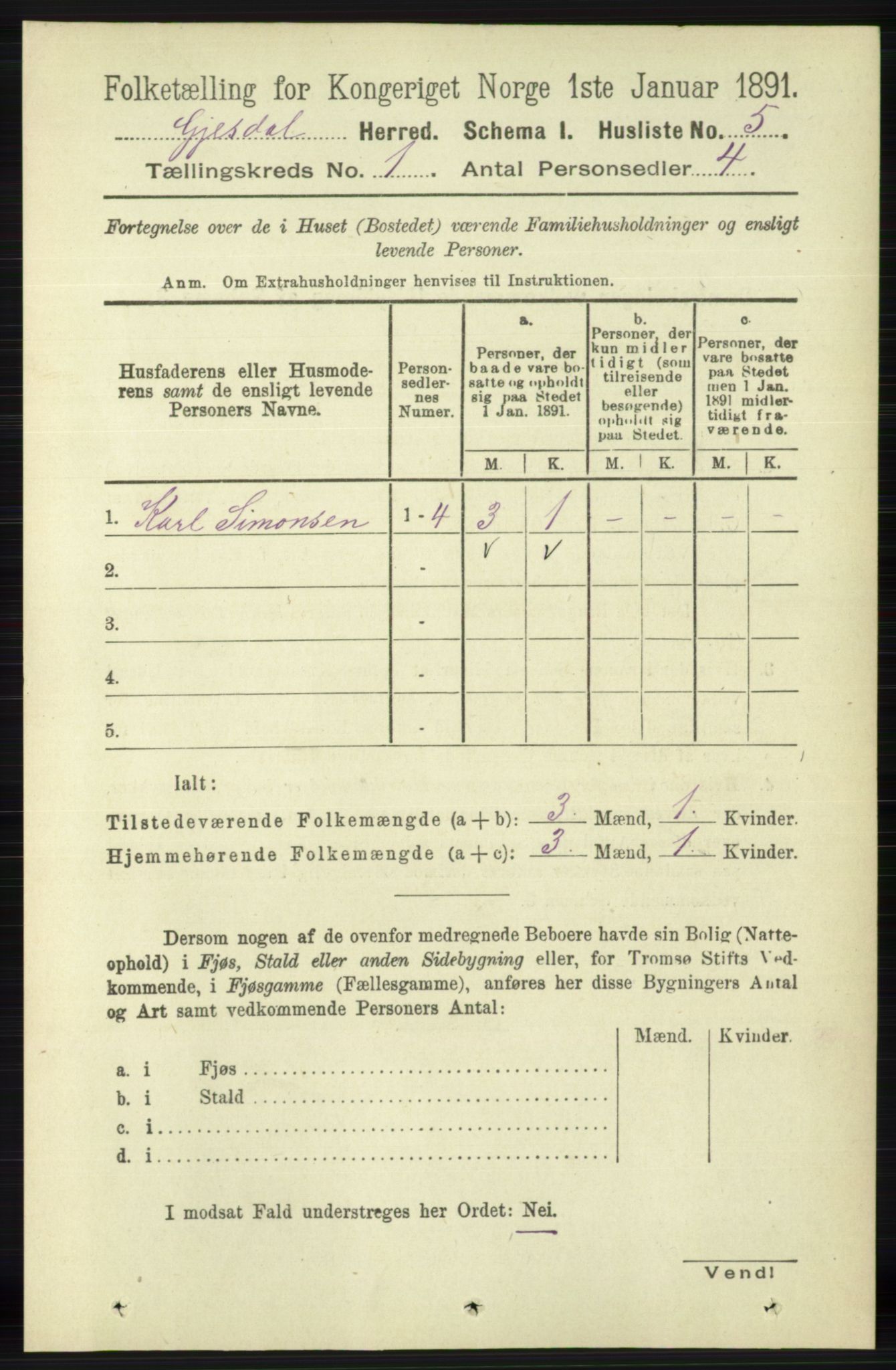 RA, 1891 census for 1122 Gjesdal, 1891, p. 23