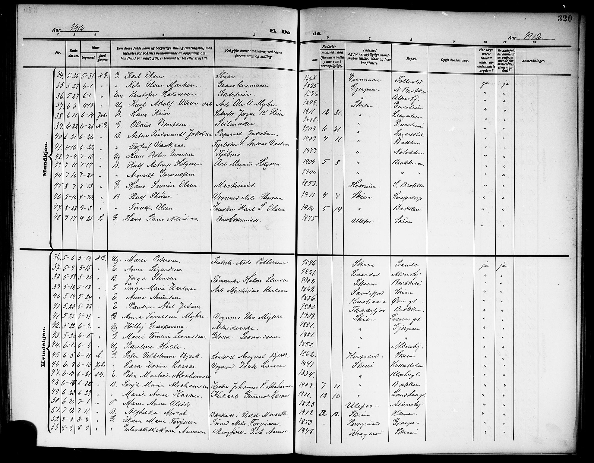 Skien kirkebøker, AV/SAKO-A-302/G/Ga/L0009: Parish register (copy) no. 9, 1910-1920, p. 320