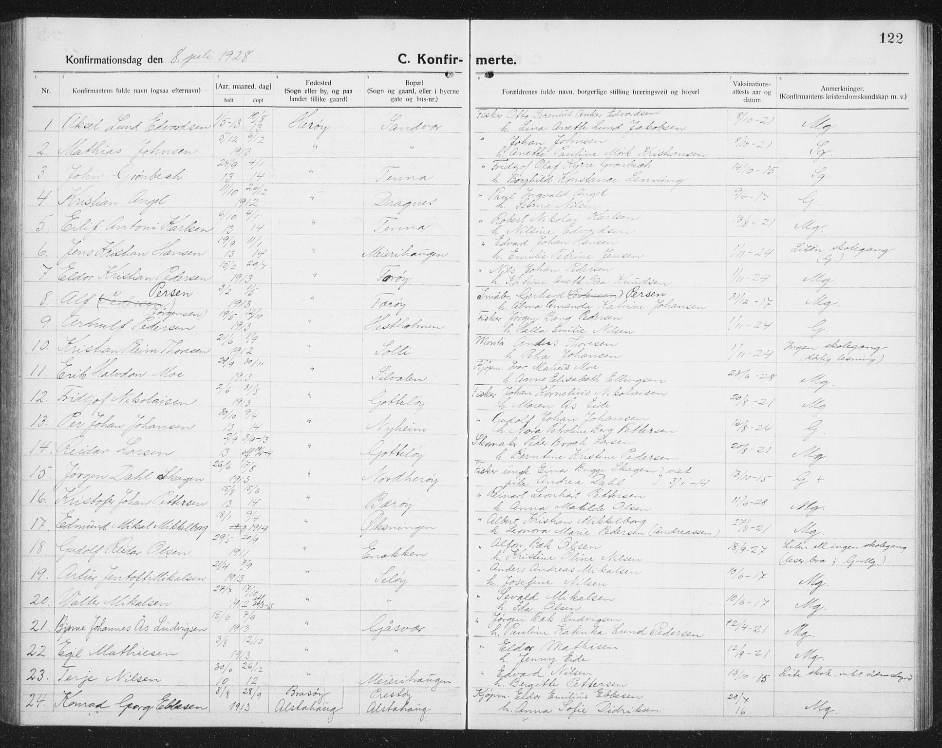 Ministerialprotokoller, klokkerbøker og fødselsregistre - Nordland, SAT/A-1459/834/L0517: Parish register (copy) no. 834C07, 1919-1939, p. 122