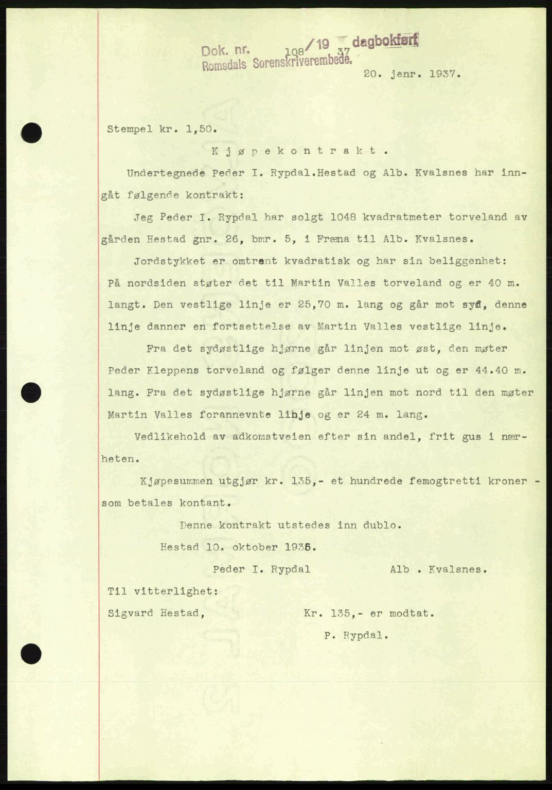 Romsdal sorenskriveri, SAT/A-4149/1/2/2C: Mortgage book no. A2, 1936-1937, Diary no: : 250/1937