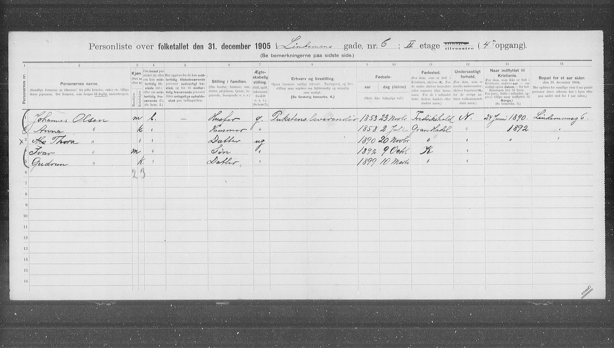 OBA, Municipal Census 1905 for Kristiania, 1905, p. 30310