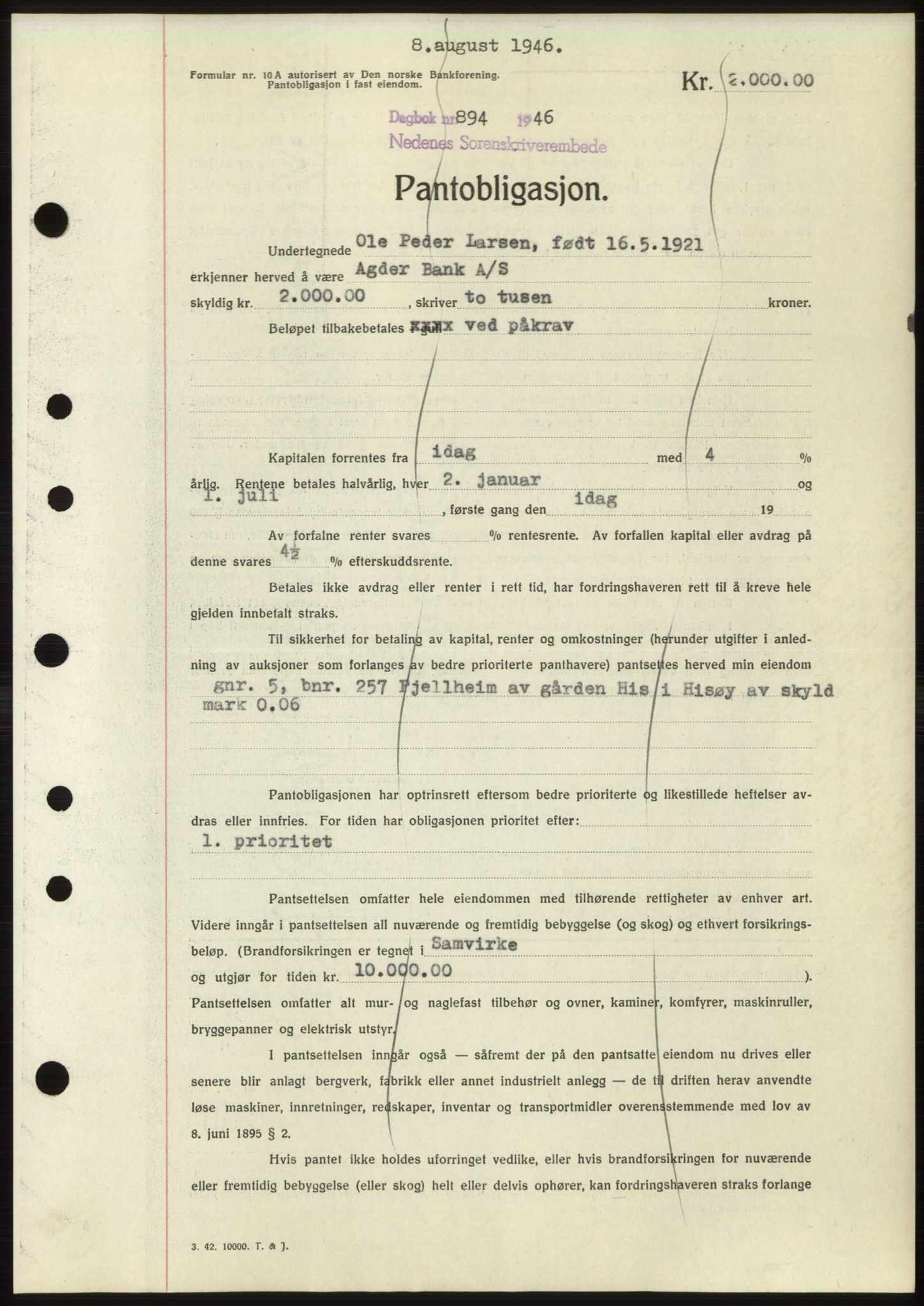 Nedenes sorenskriveri, SAK/1221-0006/G/Gb/Gbb/L0003: Mortgage book no. B3b, 1946-1946, Diary no: : 894/1946