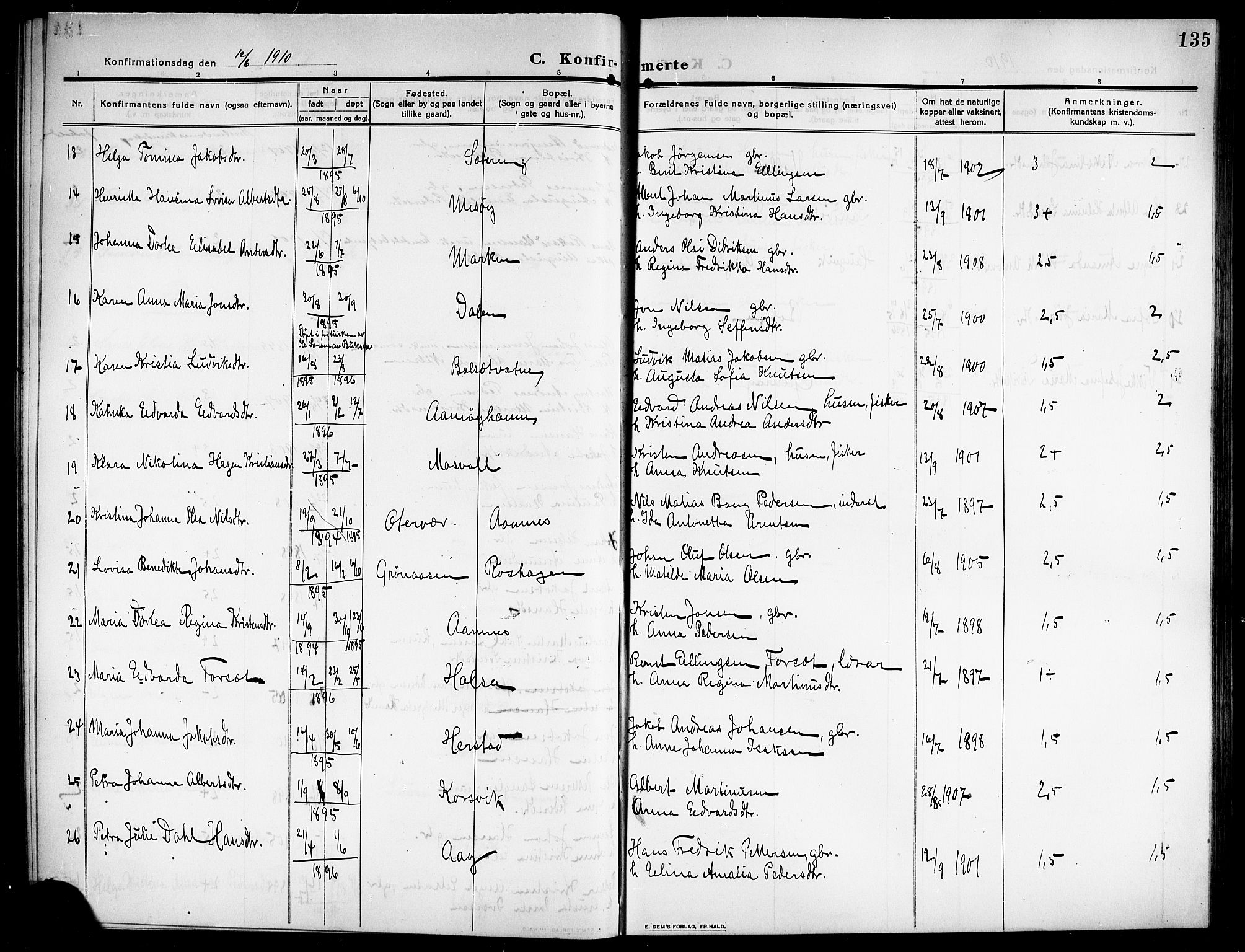 Ministerialprotokoller, klokkerbøker og fødselsregistre - Nordland, AV/SAT-A-1459/843/L0639: Parish register (copy) no. 843C08, 1908-1924, p. 135