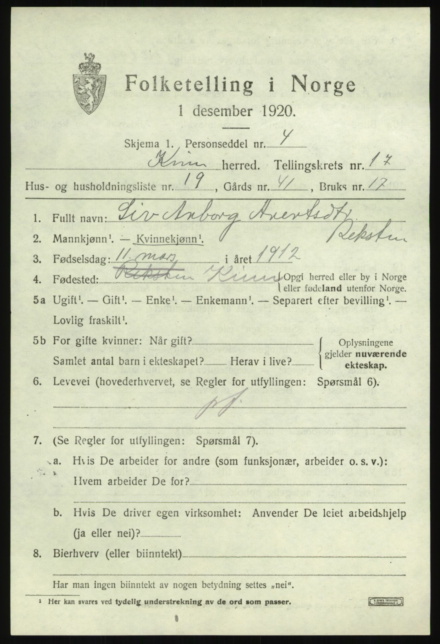 SAB, 1920 census for Kinn, 1920, p. 6305