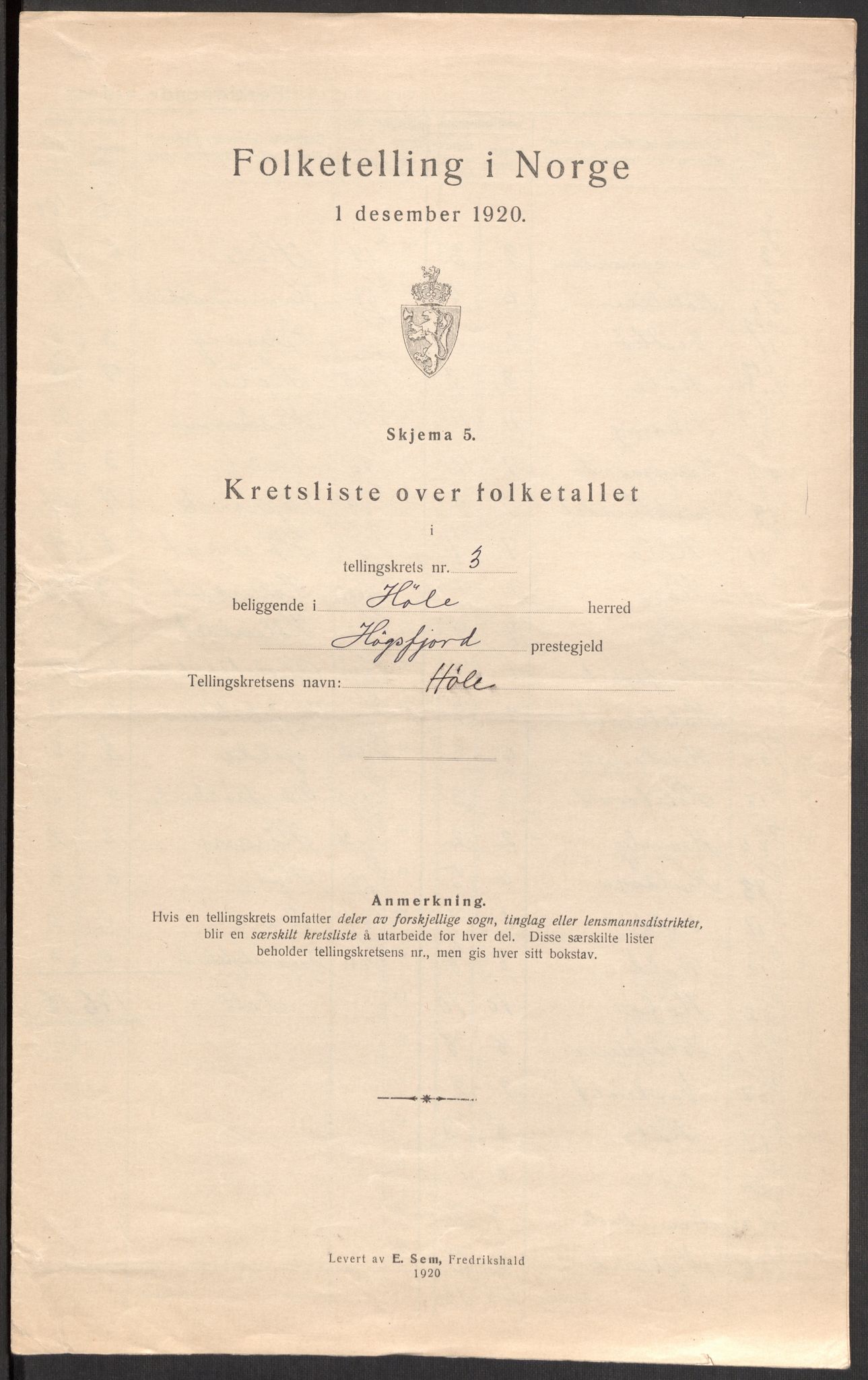 SAST, 1920 census for Høle, 1920, p. 18