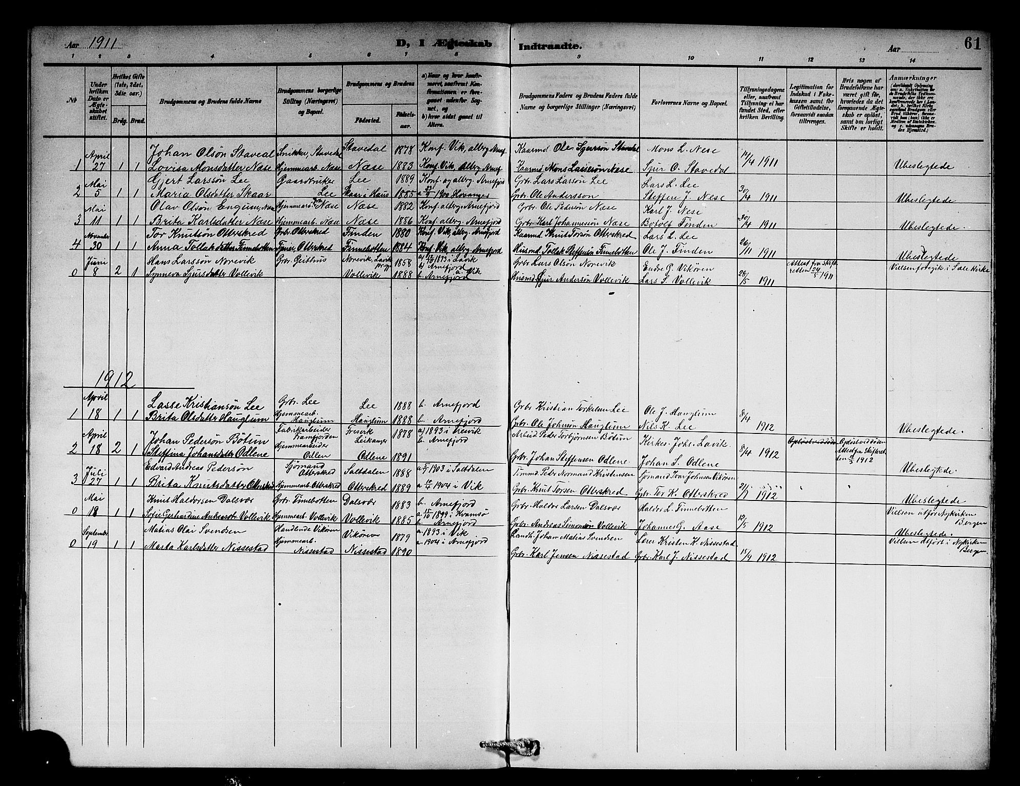 Vik sokneprestembete, SAB/A-81501: Parish register (copy) no. B 3, 1894-1912, p. 61