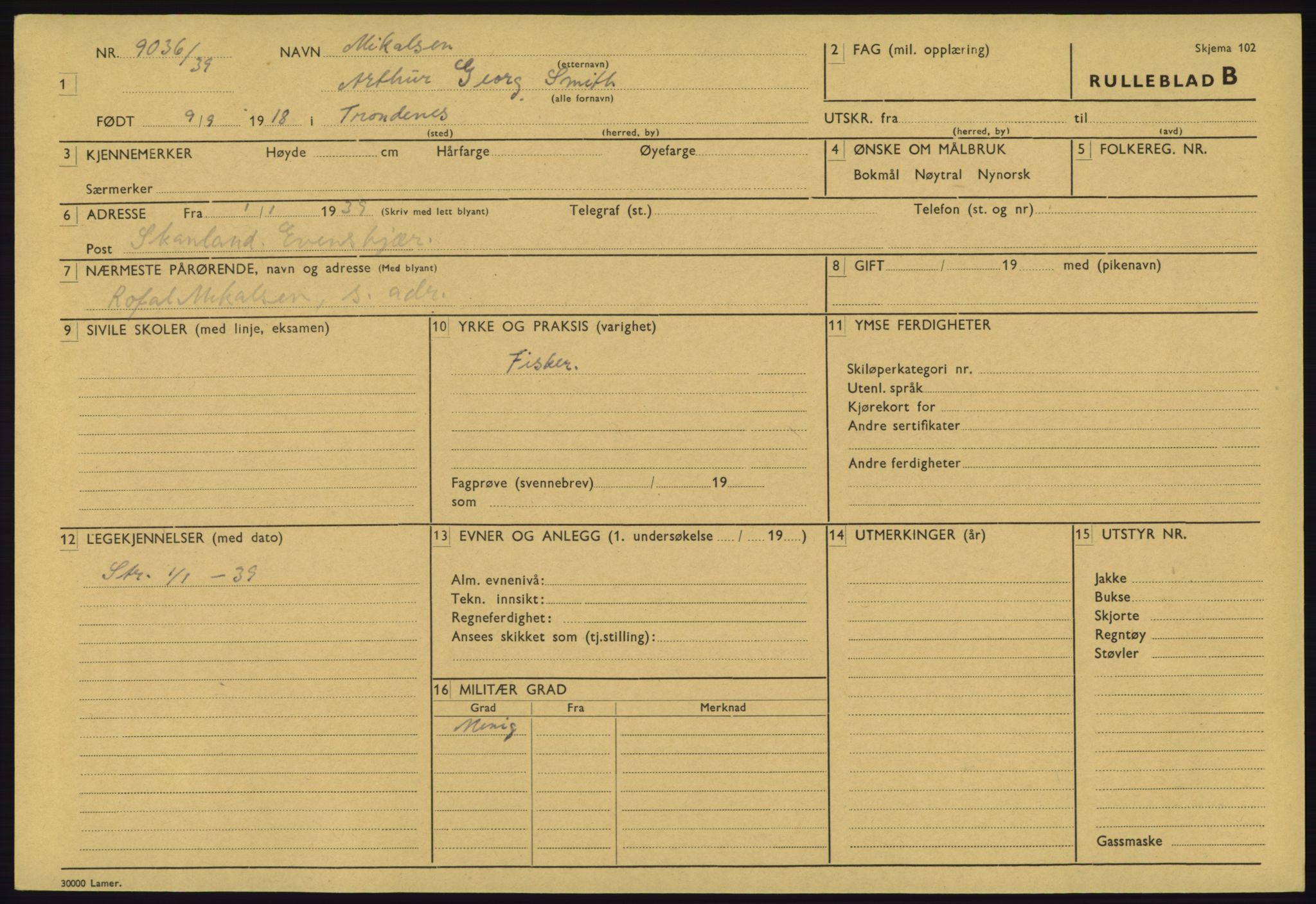 Forsvaret, Troms infanteriregiment nr. 16, AV/RA-RAFA-3146/P/Pa/L0023: Rulleblad for regimentets menige mannskaper, årsklasse 1939, 1939, p. 877