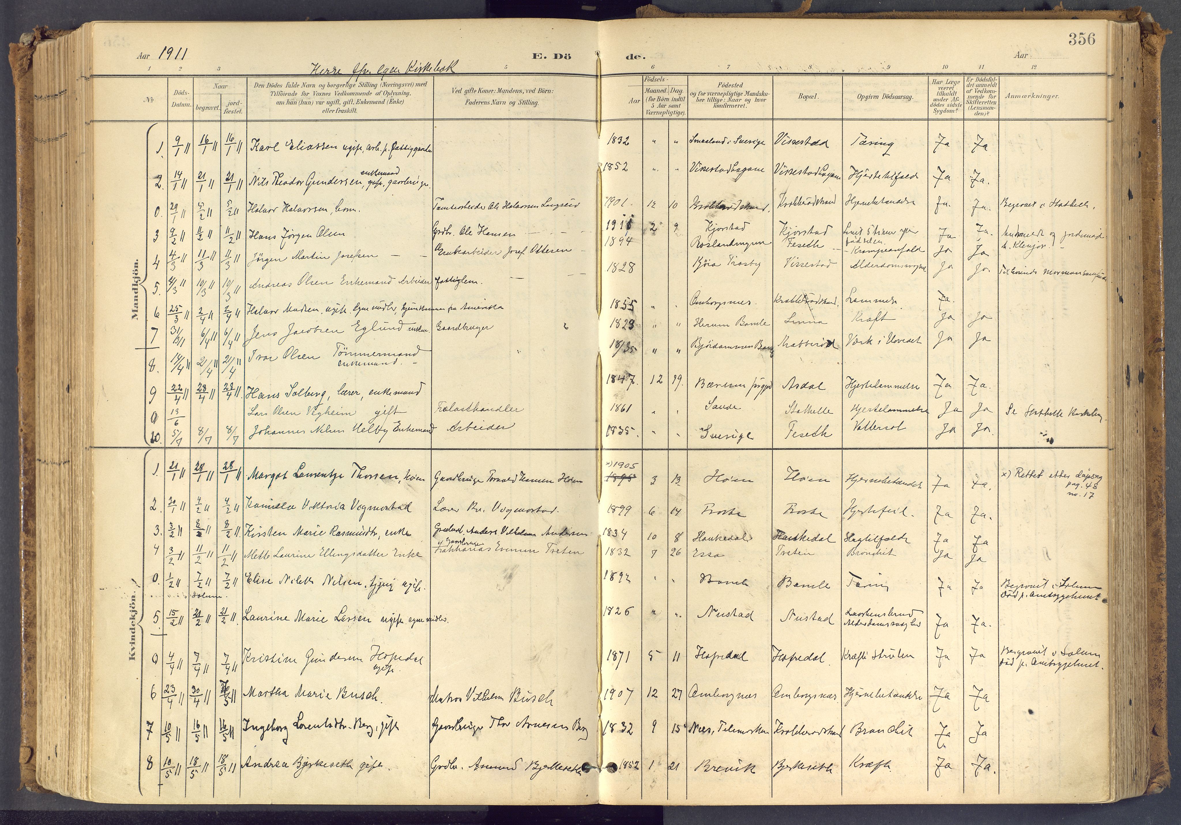 Bamble kirkebøker, SAKO/A-253/F/Fa/L0009: Parish register (official) no. I 9, 1901-1917, p. 356