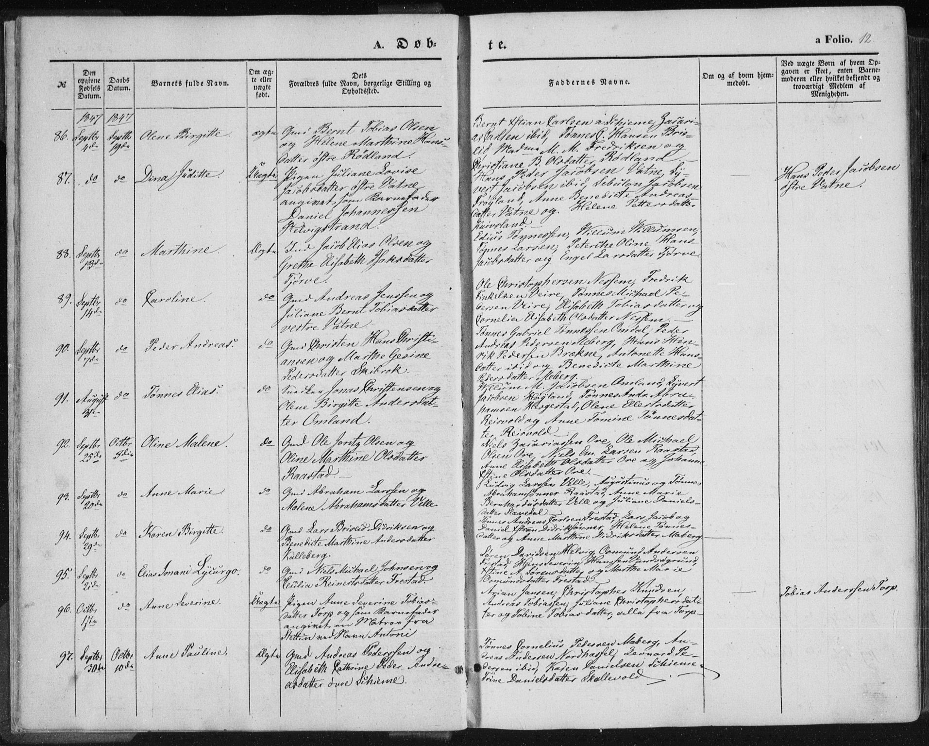 Lista sokneprestkontor, AV/SAK-1111-0027/F/Fa/L0010: Parish register (official) no. A 10, 1846-1861, p. 12