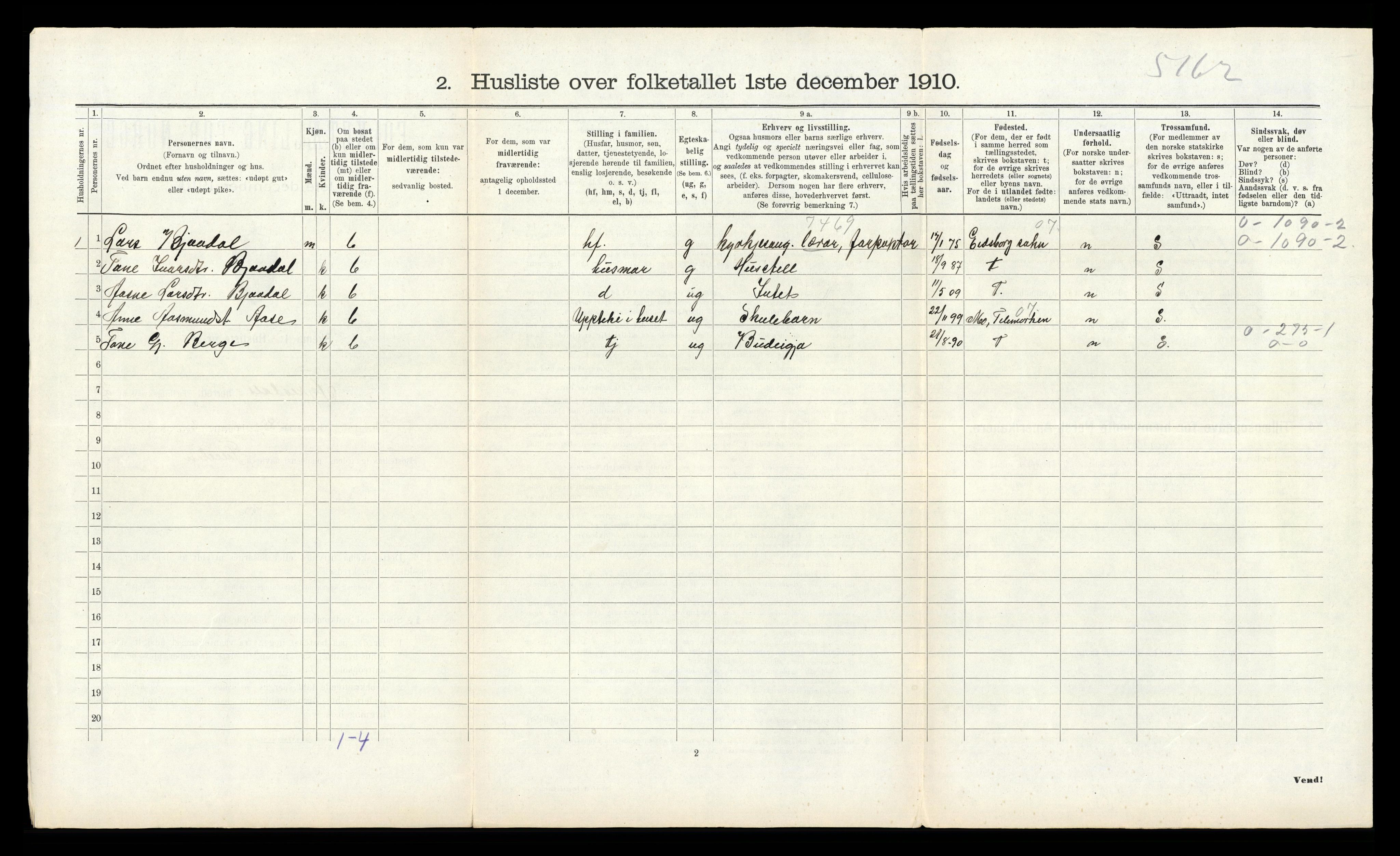 RA, 1910 census for Fyresdal, 1910, p. 156