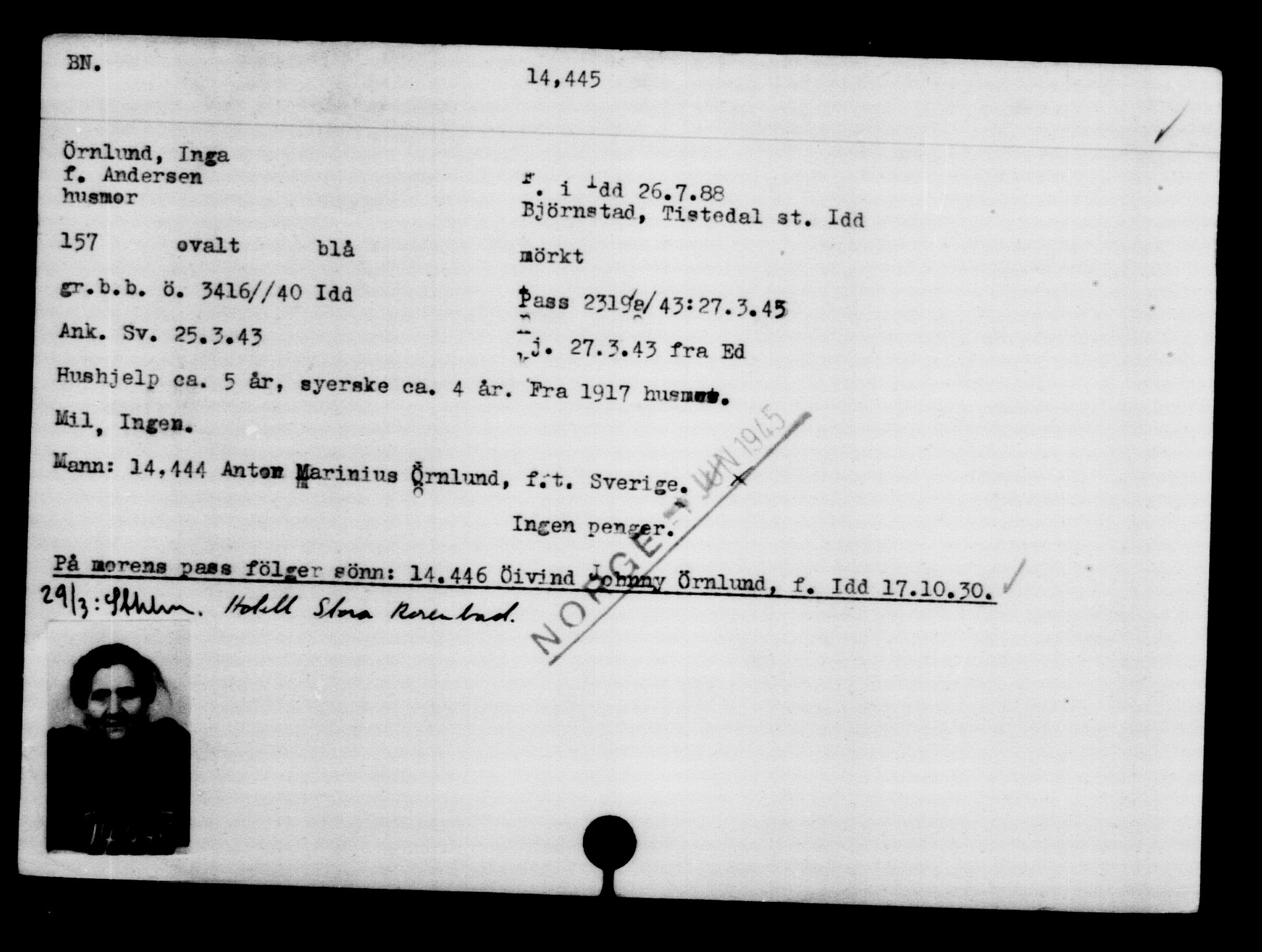 Den Kgl. Norske Legasjons Flyktningskontor, RA/S-6753/V/Va/L0007: Kjesäterkartoteket.  Flyktningenr. 12700-15723, 1940-1945, p. 2016