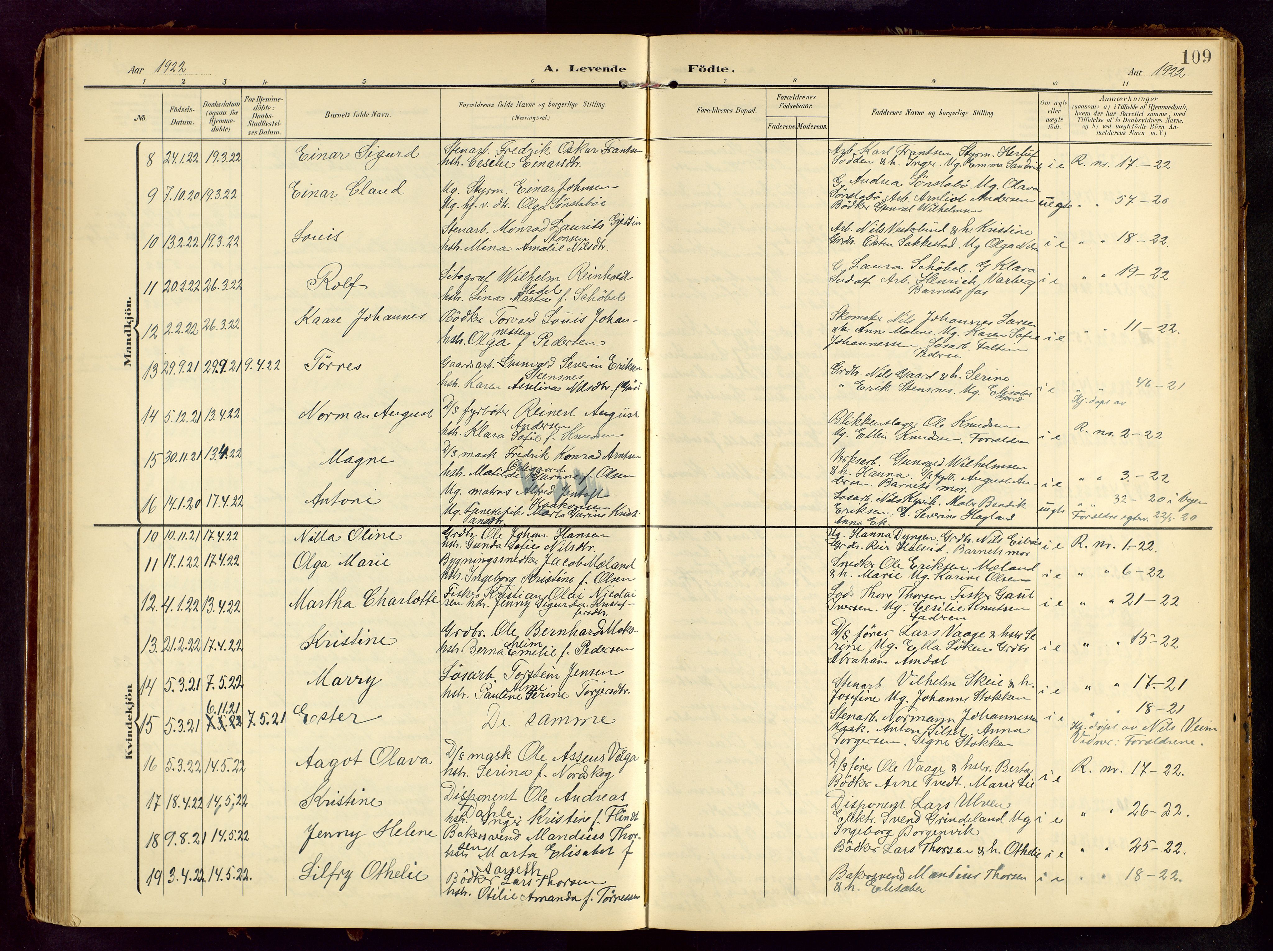 Haugesund sokneprestkontor, AV/SAST-A -101863/H/Ha/Hab/L0006: Parish register (copy) no. B 6, 1906-1944, p. 109