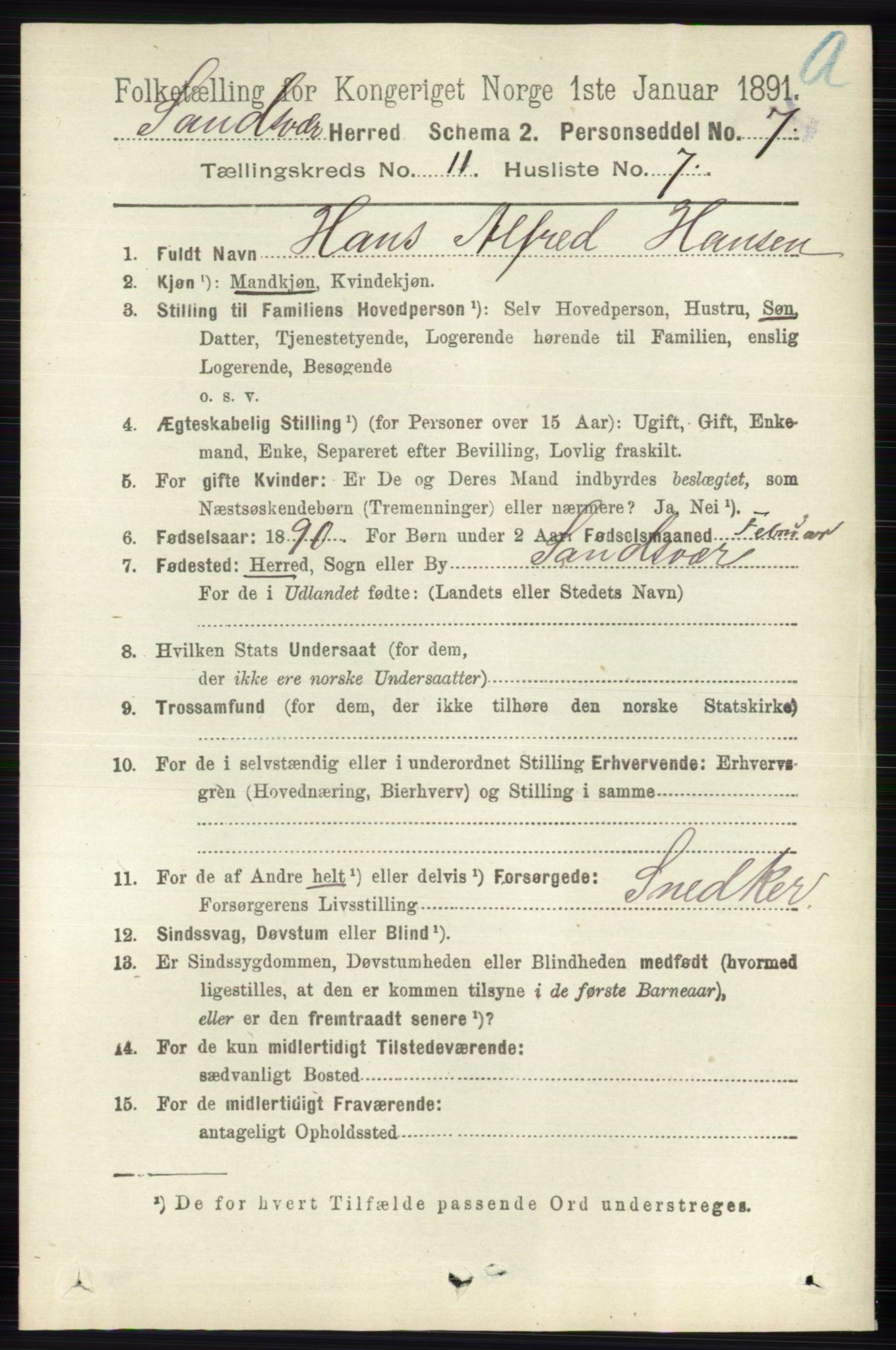 RA, 1891 census for 0629 Sandsvær, 1891, p. 5519