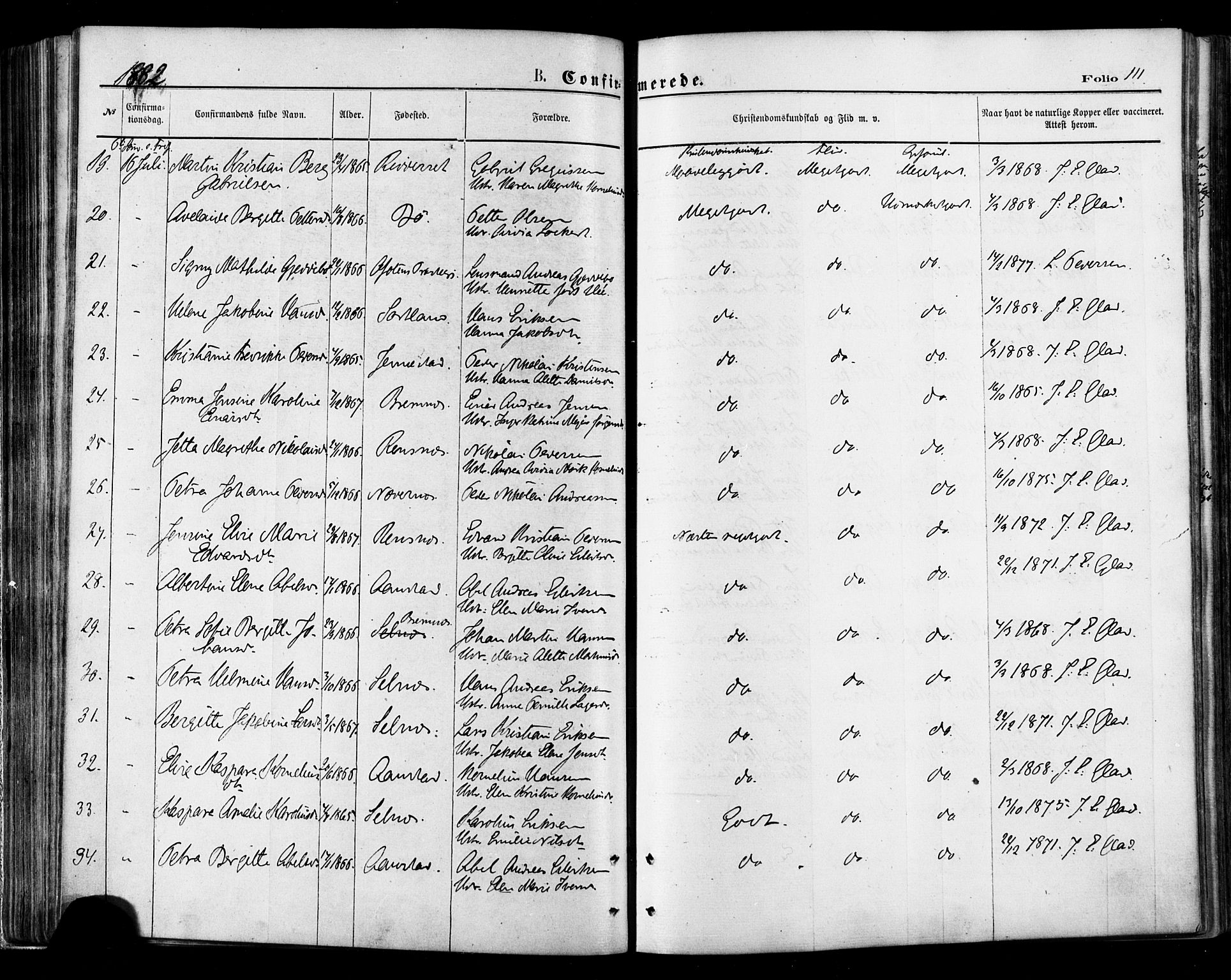 Ministerialprotokoller, klokkerbøker og fødselsregistre - Nordland, AV/SAT-A-1459/895/L1370: Parish register (official) no. 895A05, 1873-1884, p. 111