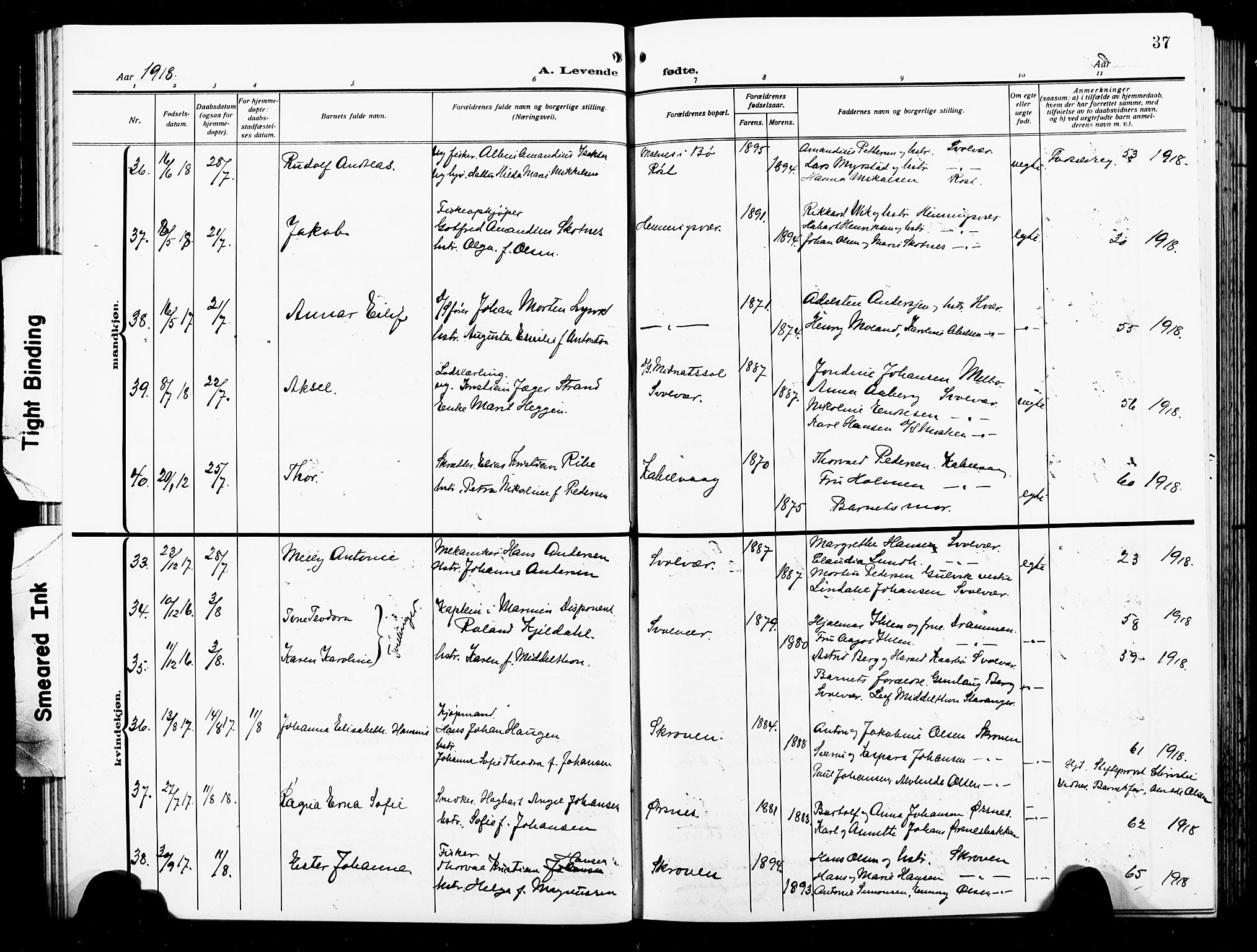 Ministerialprotokoller, klokkerbøker og fødselsregistre - Nordland, AV/SAT-A-1459/874/L1080: Parish register (copy) no. 874C09, 1915-1925, p. 37