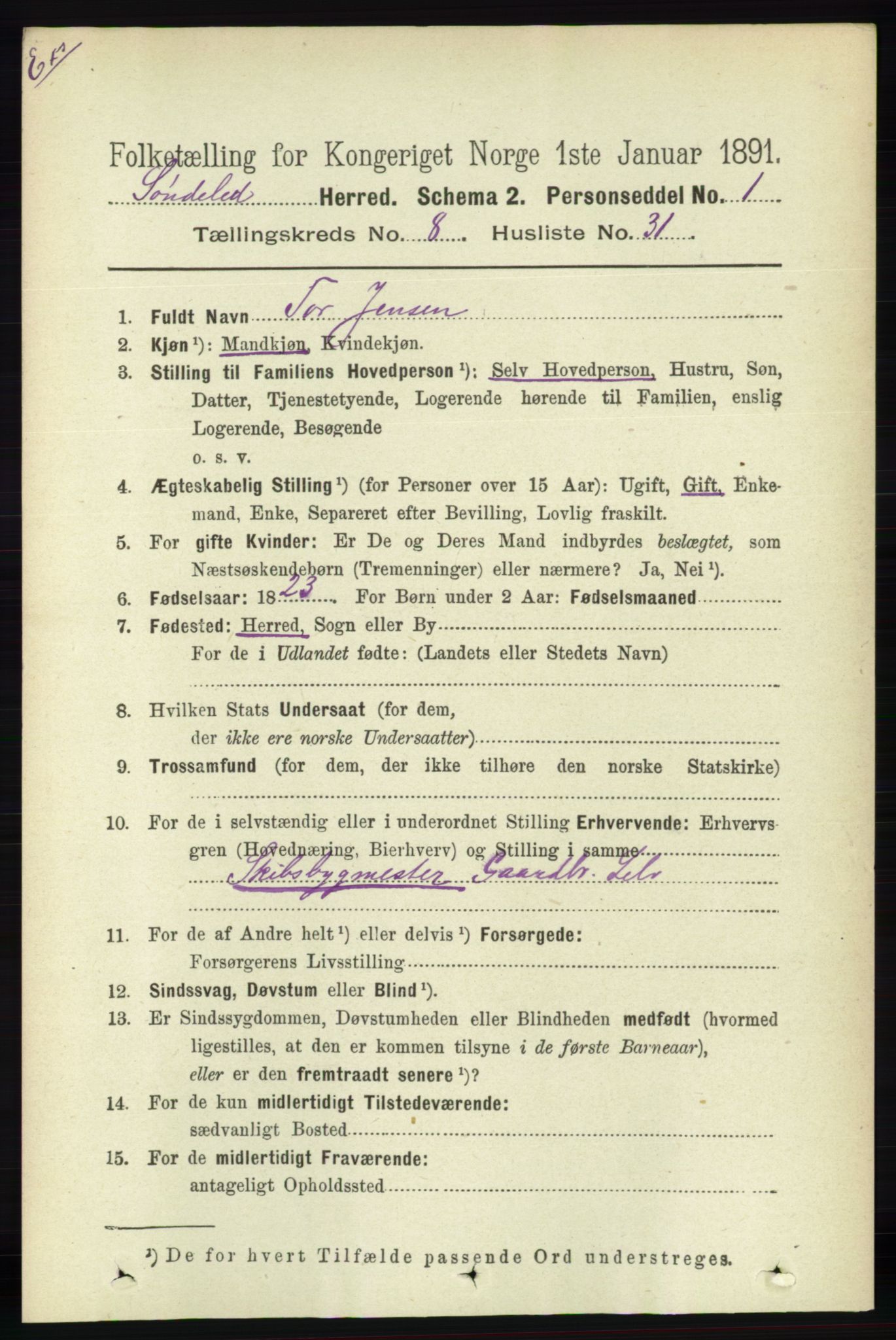 RA, Census 1891 for Nedenes amt: Gjenparter av personsedler for beslektede ektefeller, menn, 1891, p. 143