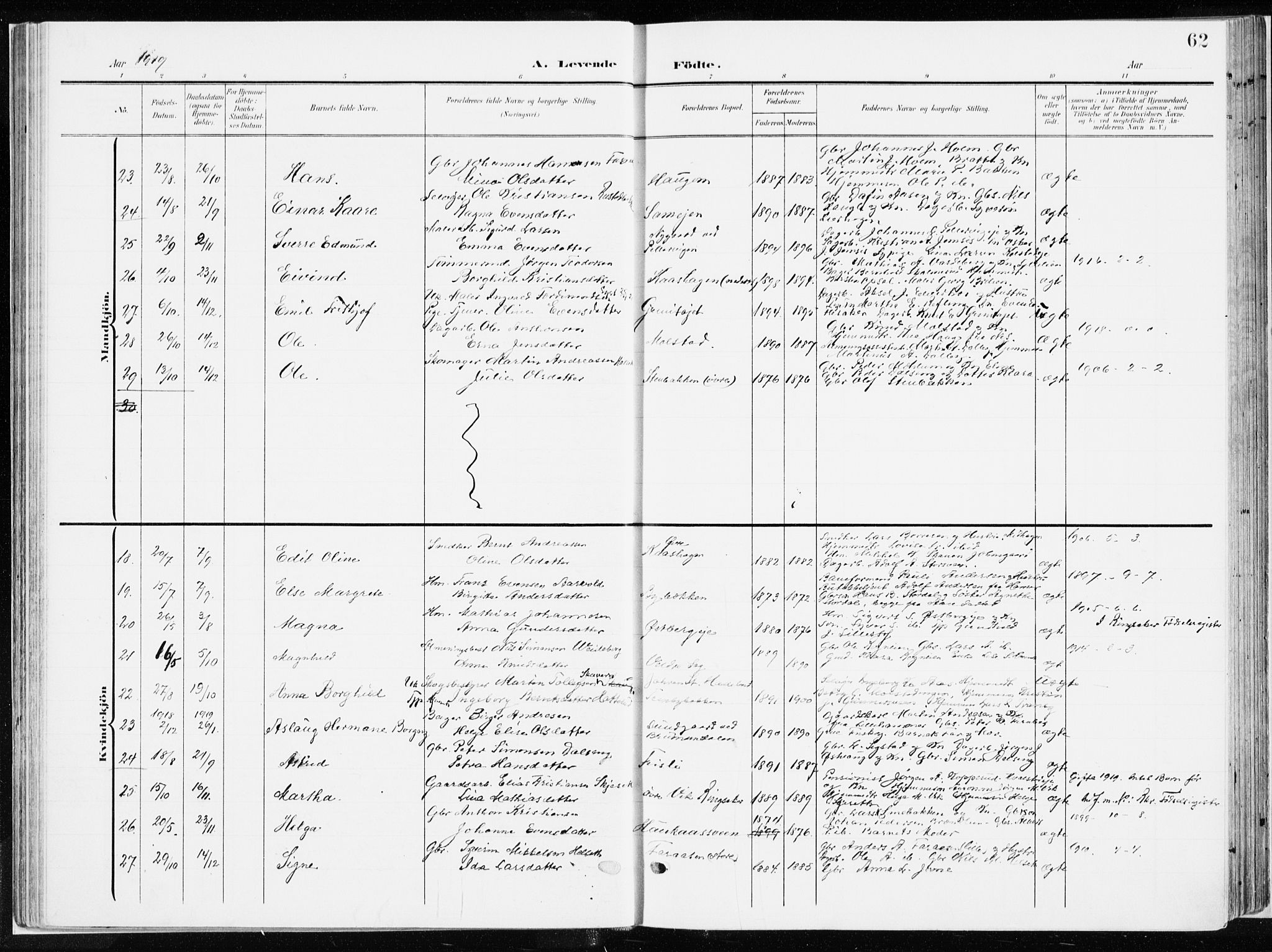 Ringsaker prestekontor, AV/SAH-PREST-014/K/Ka/L0019: Parish register (official) no. 19, 1905-1920, p. 62