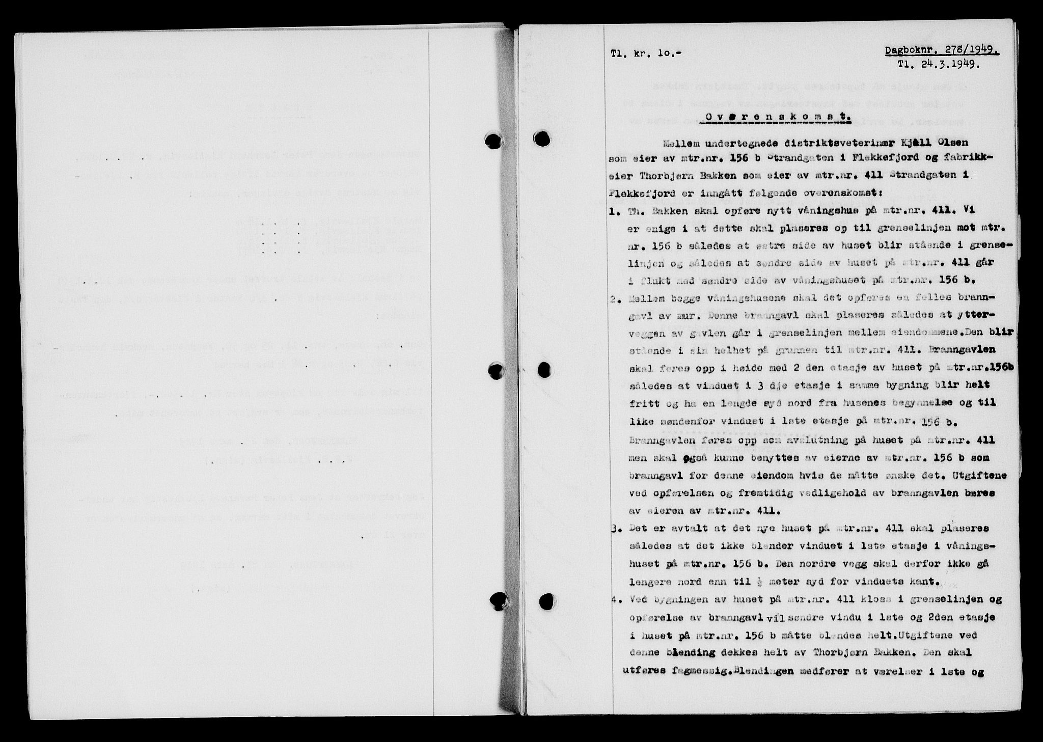 Flekkefjord sorenskriveri, SAK/1221-0001/G/Gb/Gba/L0065: Mortgage book no. A-13, 1949-1949, Diary no: : 278/1949