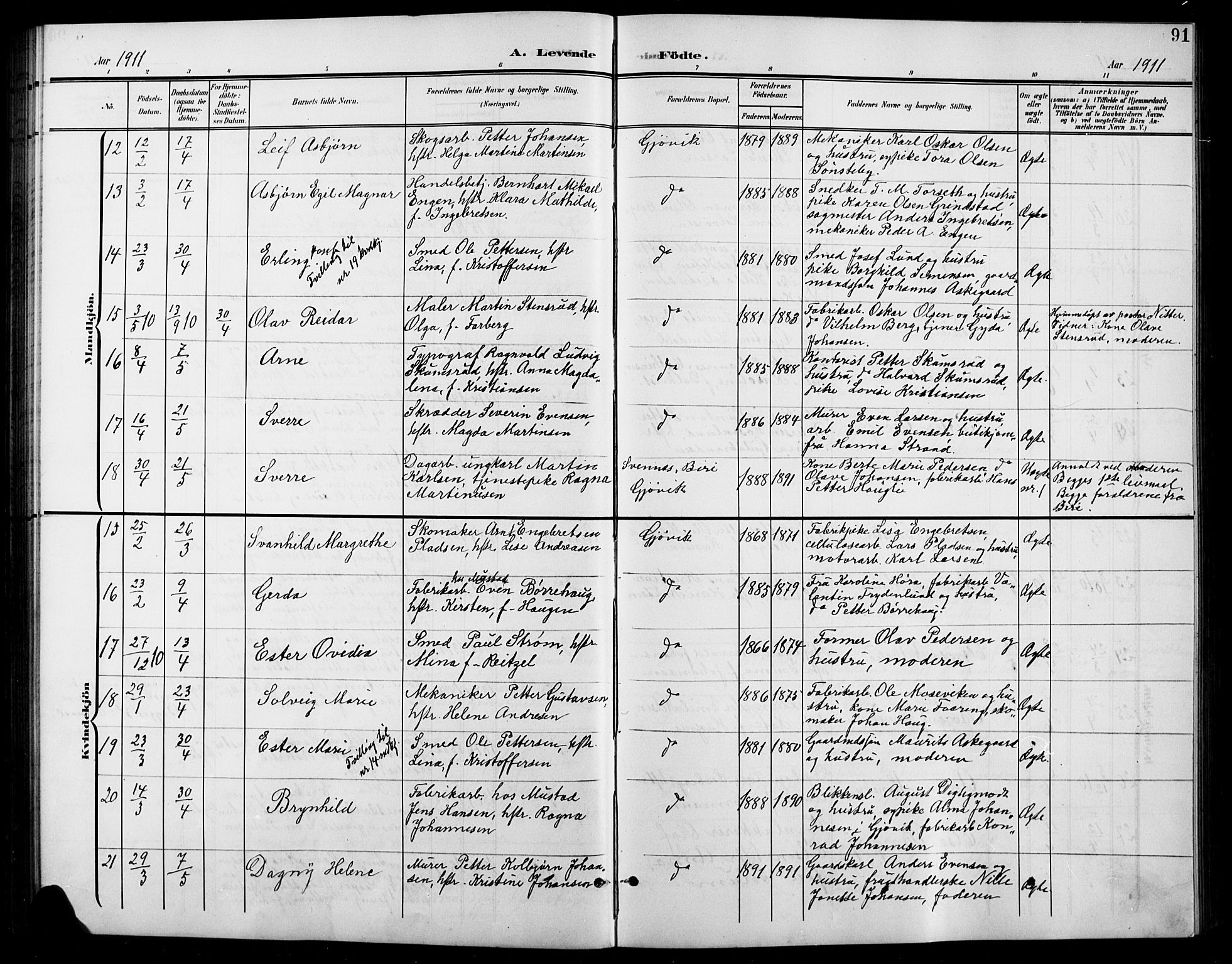 Vardal prestekontor, AV/SAH-PREST-100/H/Ha/Hab/L0012: Parish register (copy) no. 12, 1902-1911, p. 91