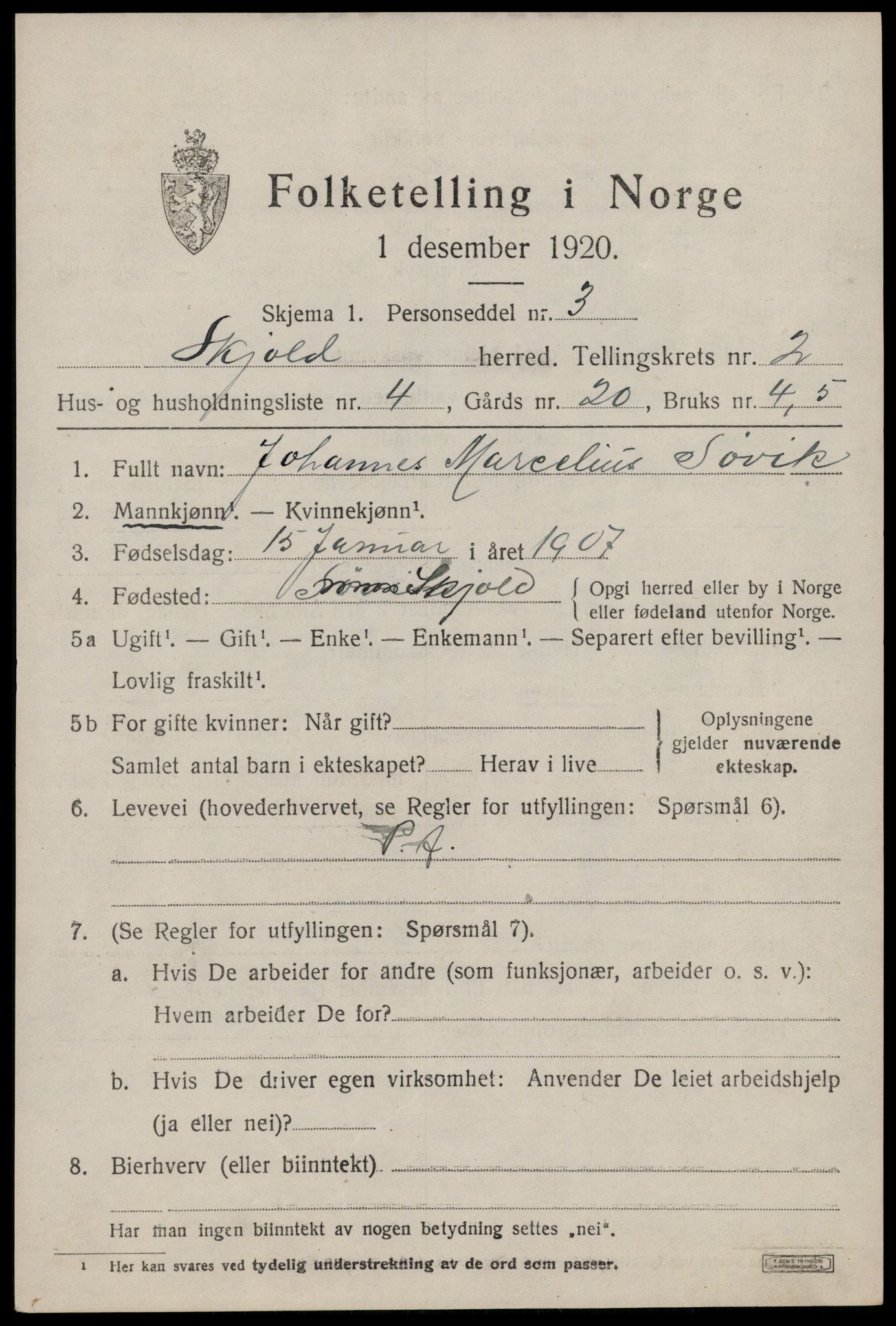 SAST, 1920 census for Skjold, 1920, p. 1712