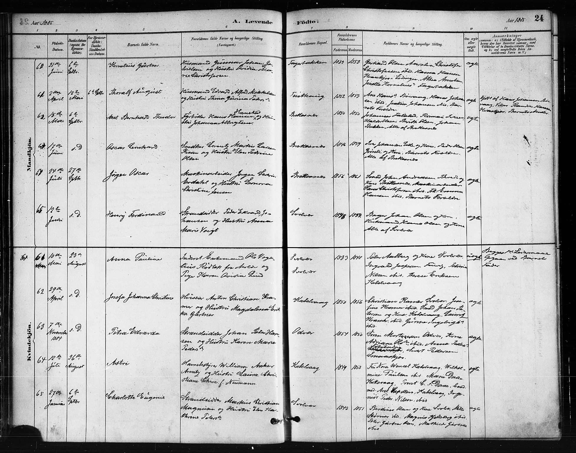 Ministerialprotokoller, klokkerbøker og fødselsregistre - Nordland, AV/SAT-A-1459/874/L1059: Parish register (official) no. 874A03, 1884-1890, p. 24