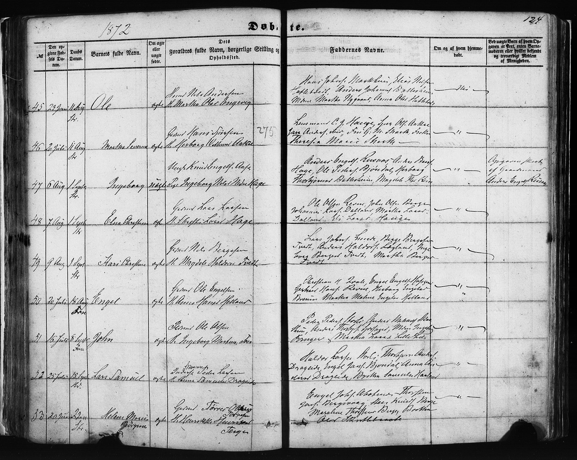 Fusa sokneprestembete, AV/SAB-A-75401/H/Haa: Parish register (official) no. A 1I, 1855-1879, p. 124