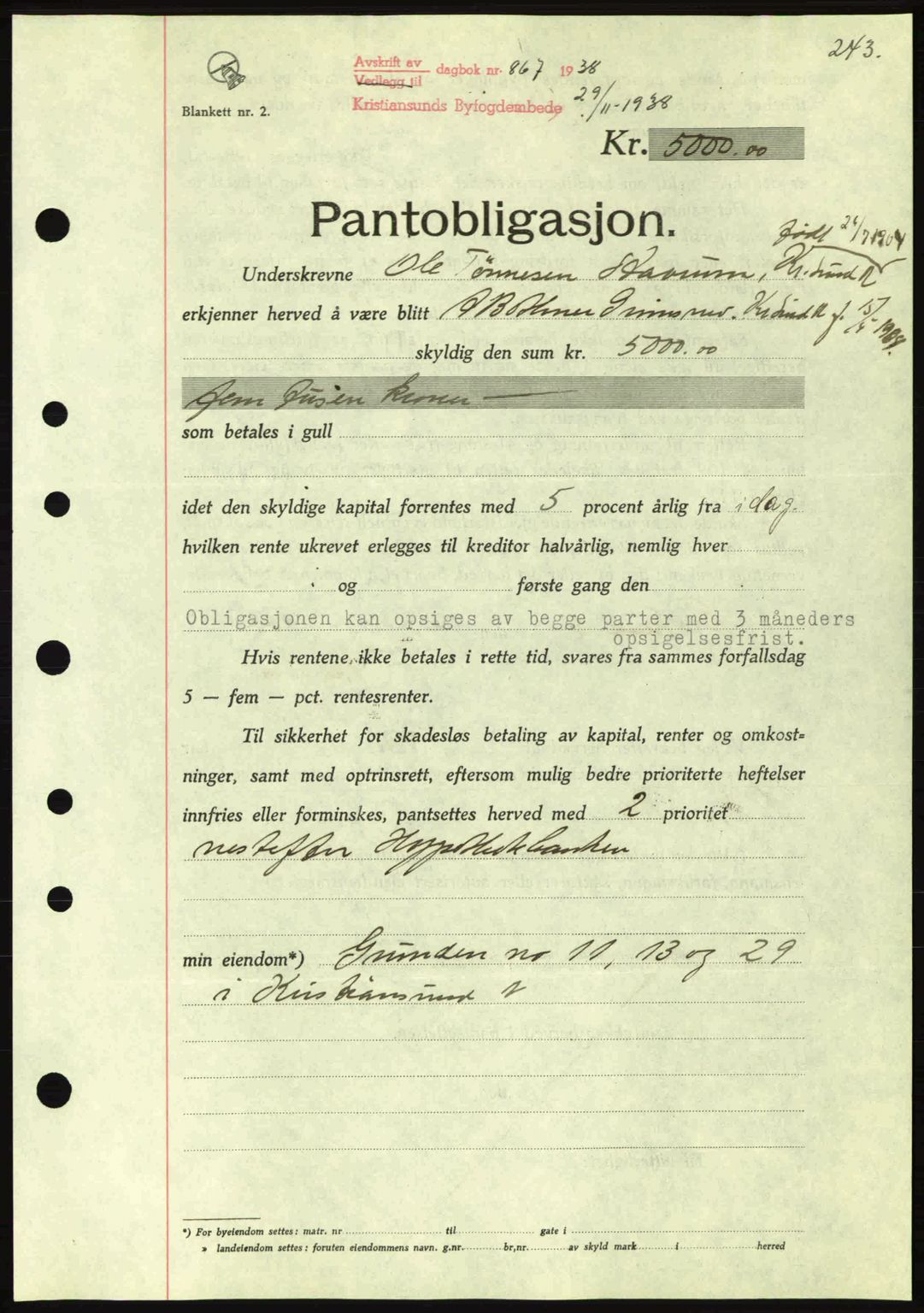 Kristiansund byfogd, SAT/A-4587/A/27: Mortgage book no. 31, 1938-1939, Diary no: : 867/1938