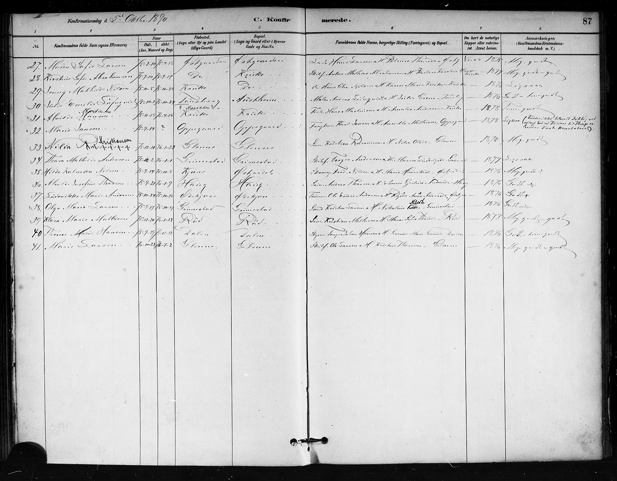 Tjøme kirkebøker, AV/SAKO-A-328/F/Fa/L0001: Parish register (official) no. I 1, 1879-1890, p. 87