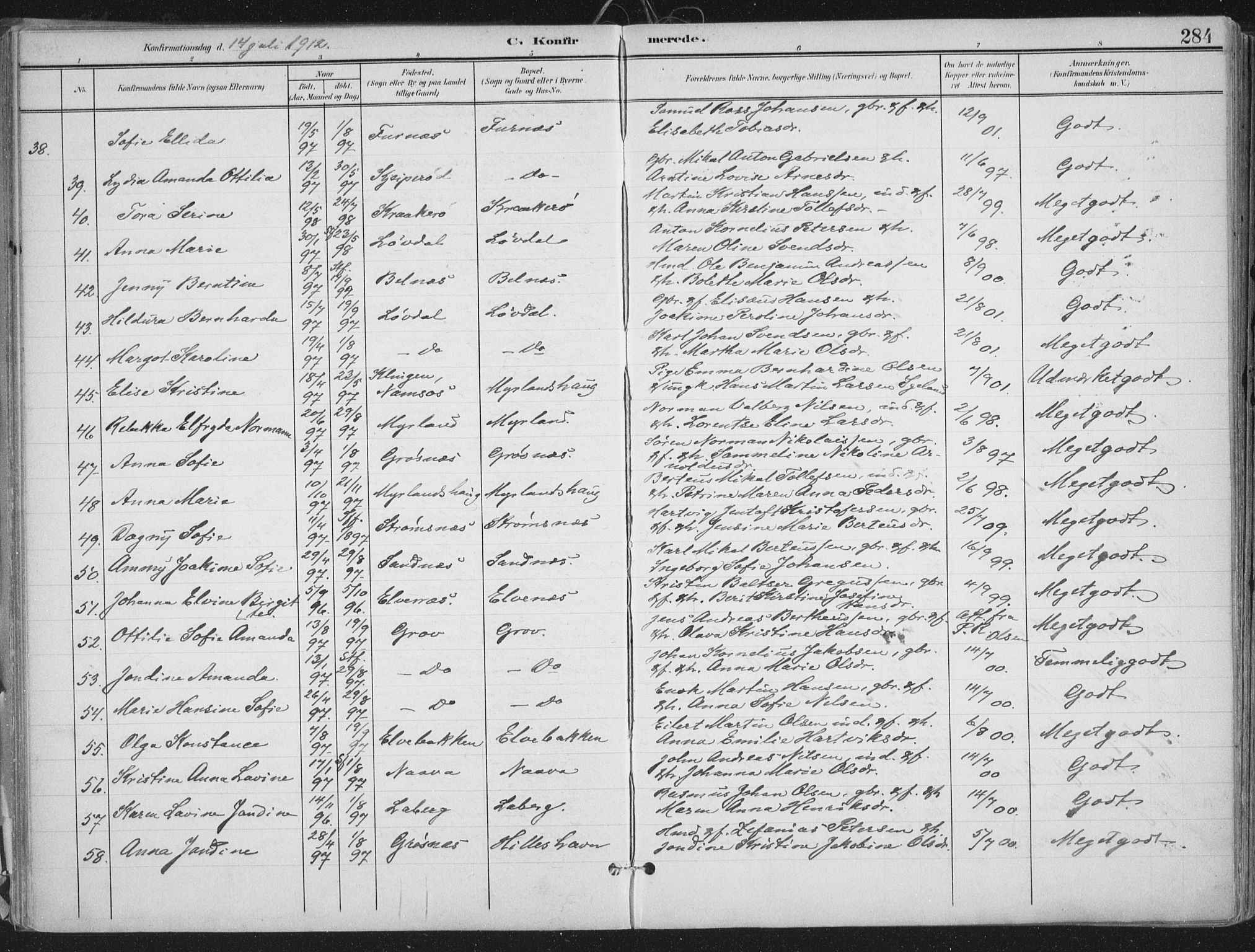 Ibestad sokneprestembete, SATØ/S-0077/H/Ha/Haa/L0017kirke: Parish register (official) no. 17, 1901-1914, p. 284