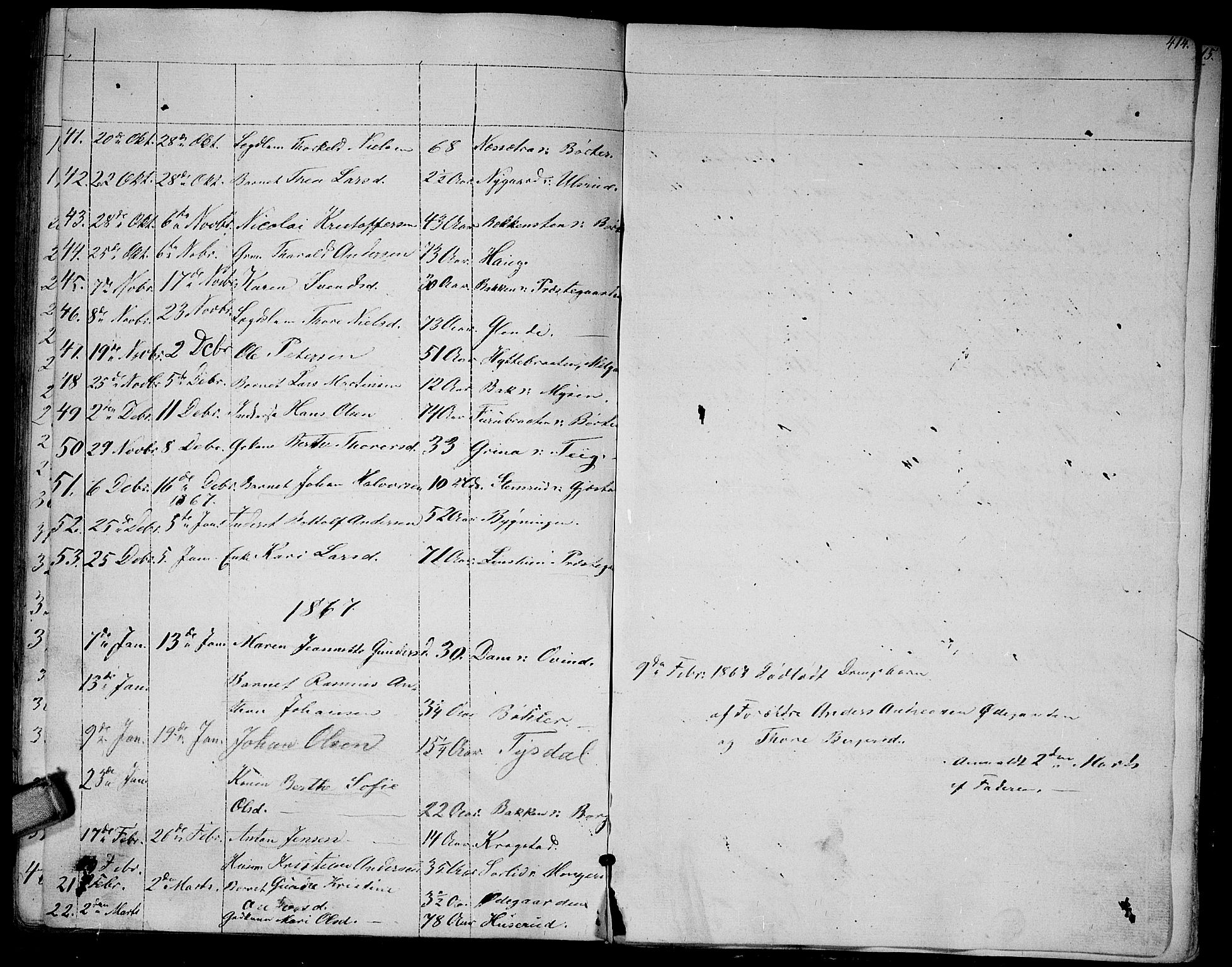 Enebakk prestekontor Kirkebøker, AV/SAO-A-10171c/G/Ga/L0004: Parish register (copy) no. I 4, 1850-1866, p. 414