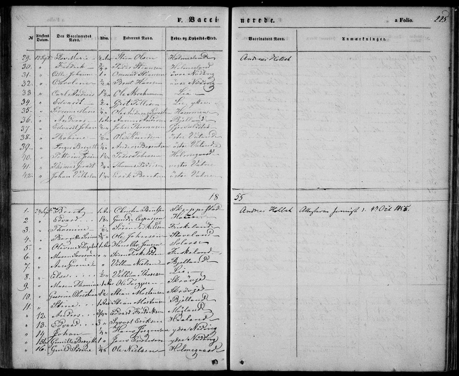 Holum sokneprestkontor, AV/SAK-1111-0022/F/Fa/Faa/L0005: Parish register (official) no. A 5, 1850-1864, p. 225