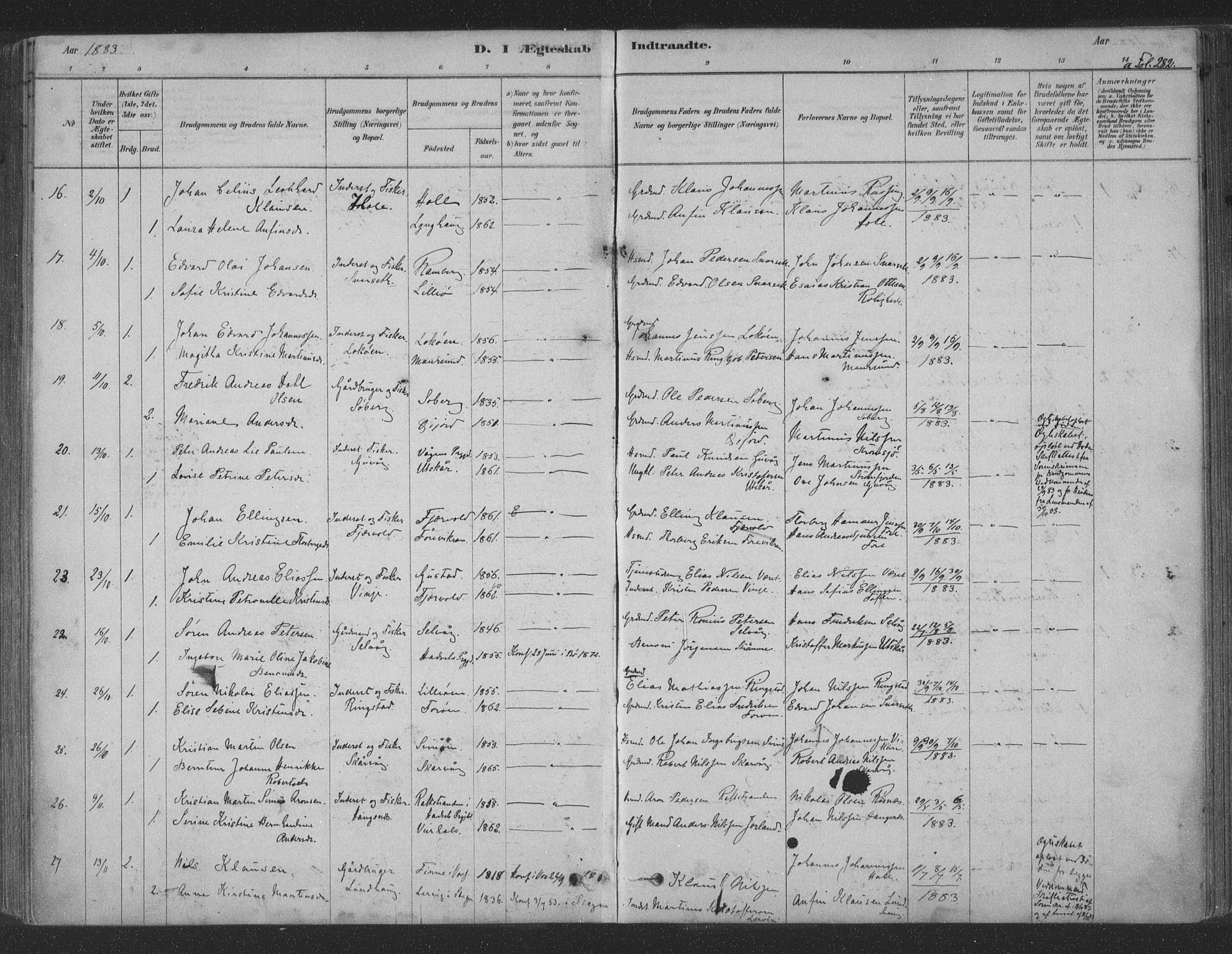 Ministerialprotokoller, klokkerbøker og fødselsregistre - Nordland, SAT/A-1459/891/L1302: Parish register (official) no. 891A07, 1878-1895, p. 282
