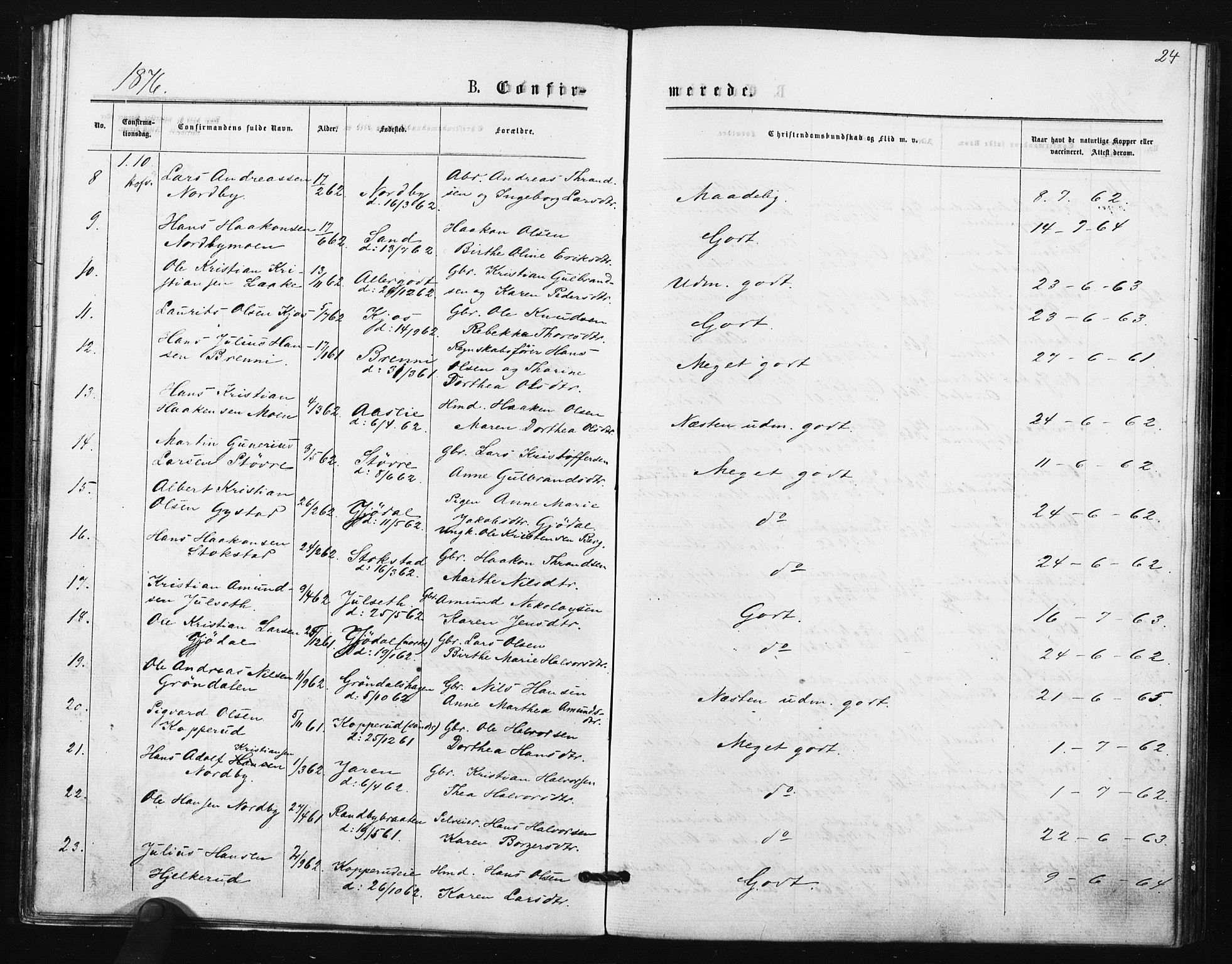 Ullensaker prestekontor Kirkebøker, AV/SAO-A-10236a/F/Fa/L0018: Parish register (official) no. I 18, 1876-1877, p. 24