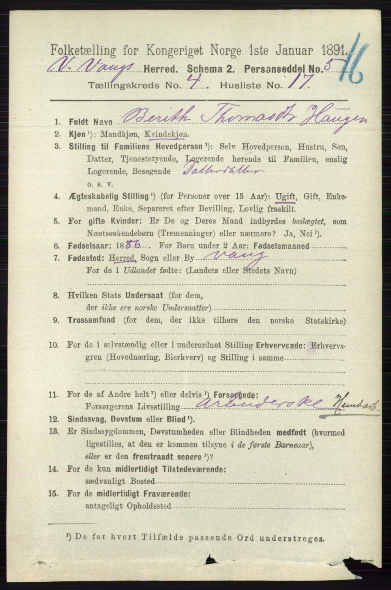 RA, 1891 census for 0545 Vang, 1891, p. 1004