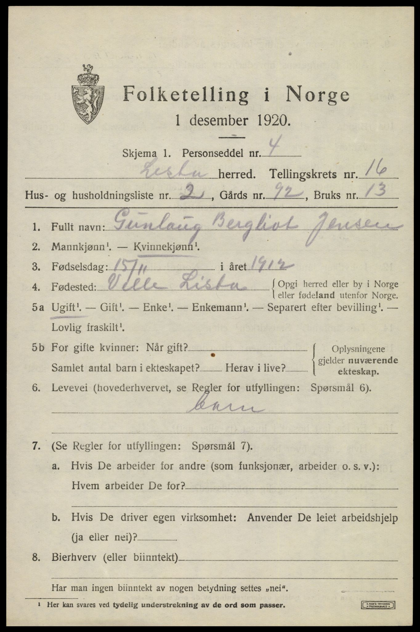 SAK, 1920 census for Lista, 1920, p. 12947