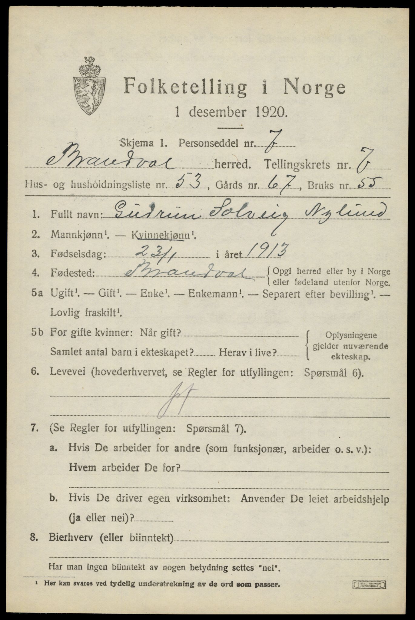 SAH, 1920 census for Brandval, 1920, p. 6408