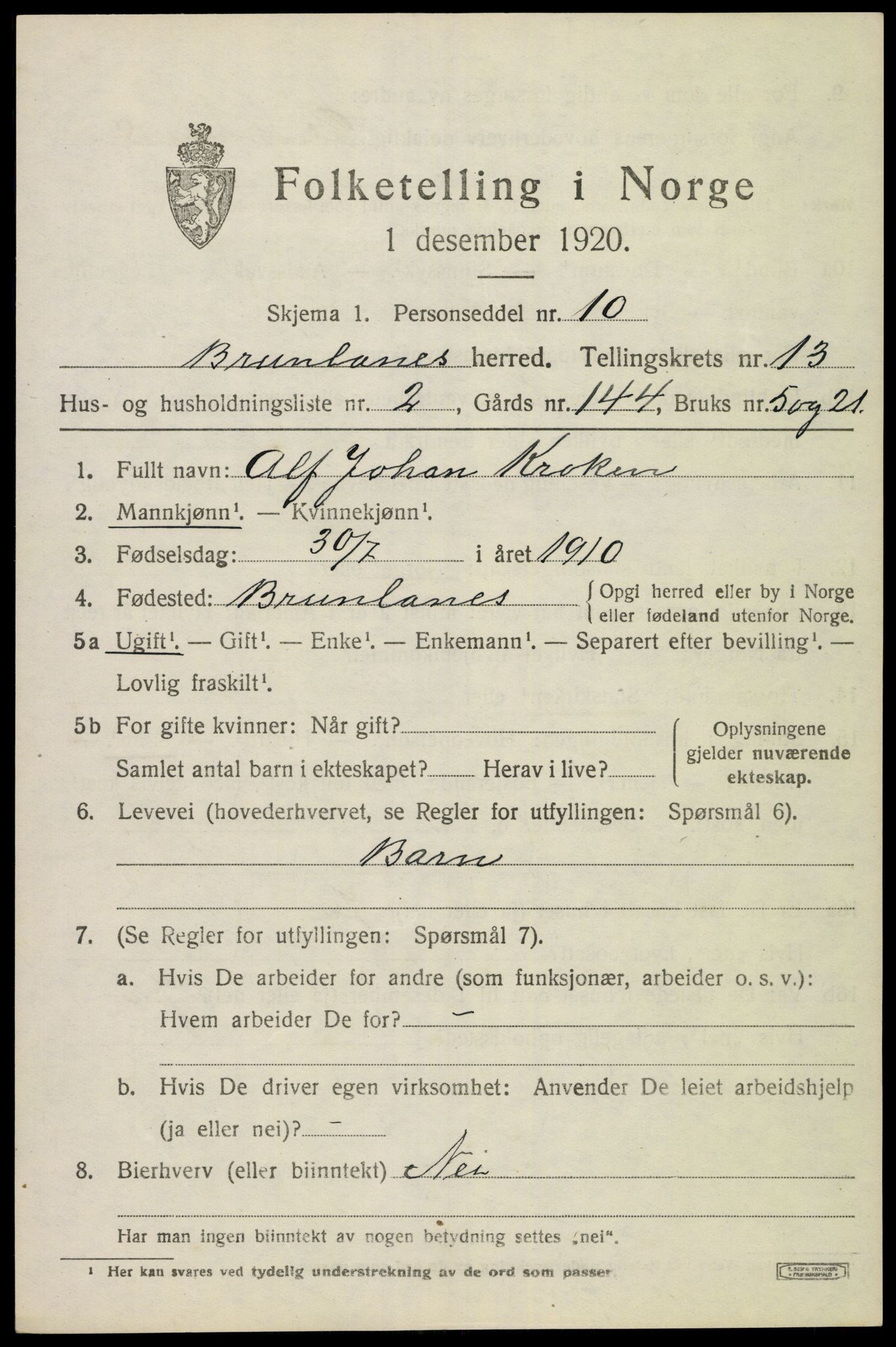 SAKO, 1920 census for Brunlanes, 1920, p. 10817