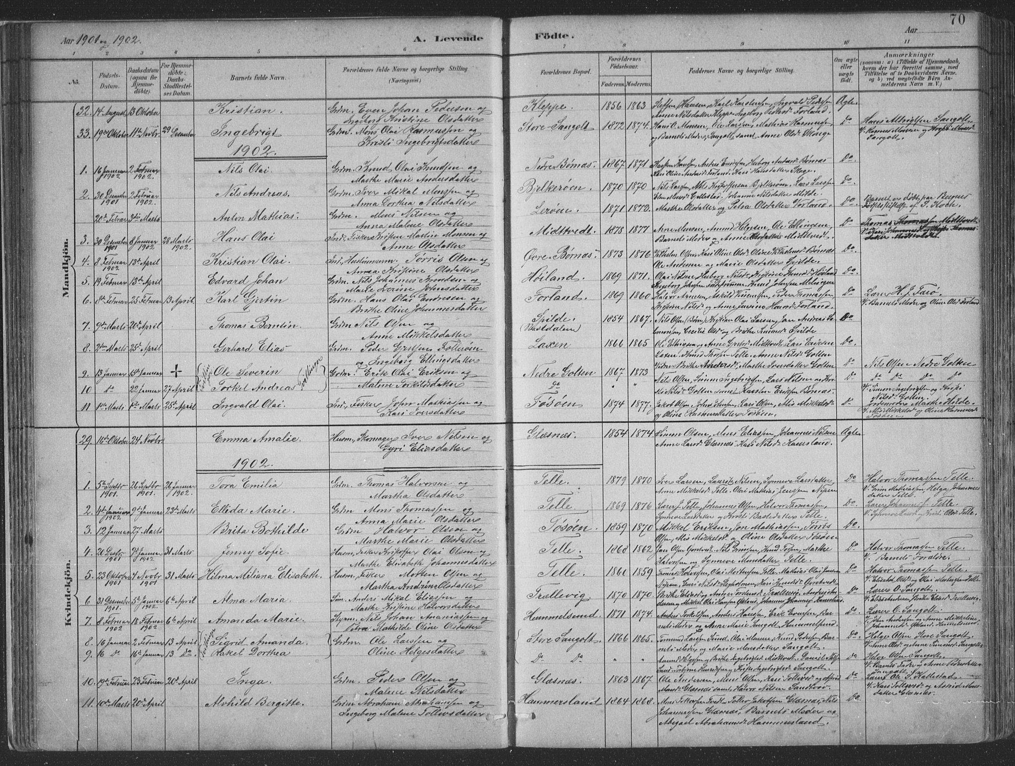 Sund sokneprestembete, SAB/A-99930: Parish register (copy) no. B 3, 1882-1911, p. 70