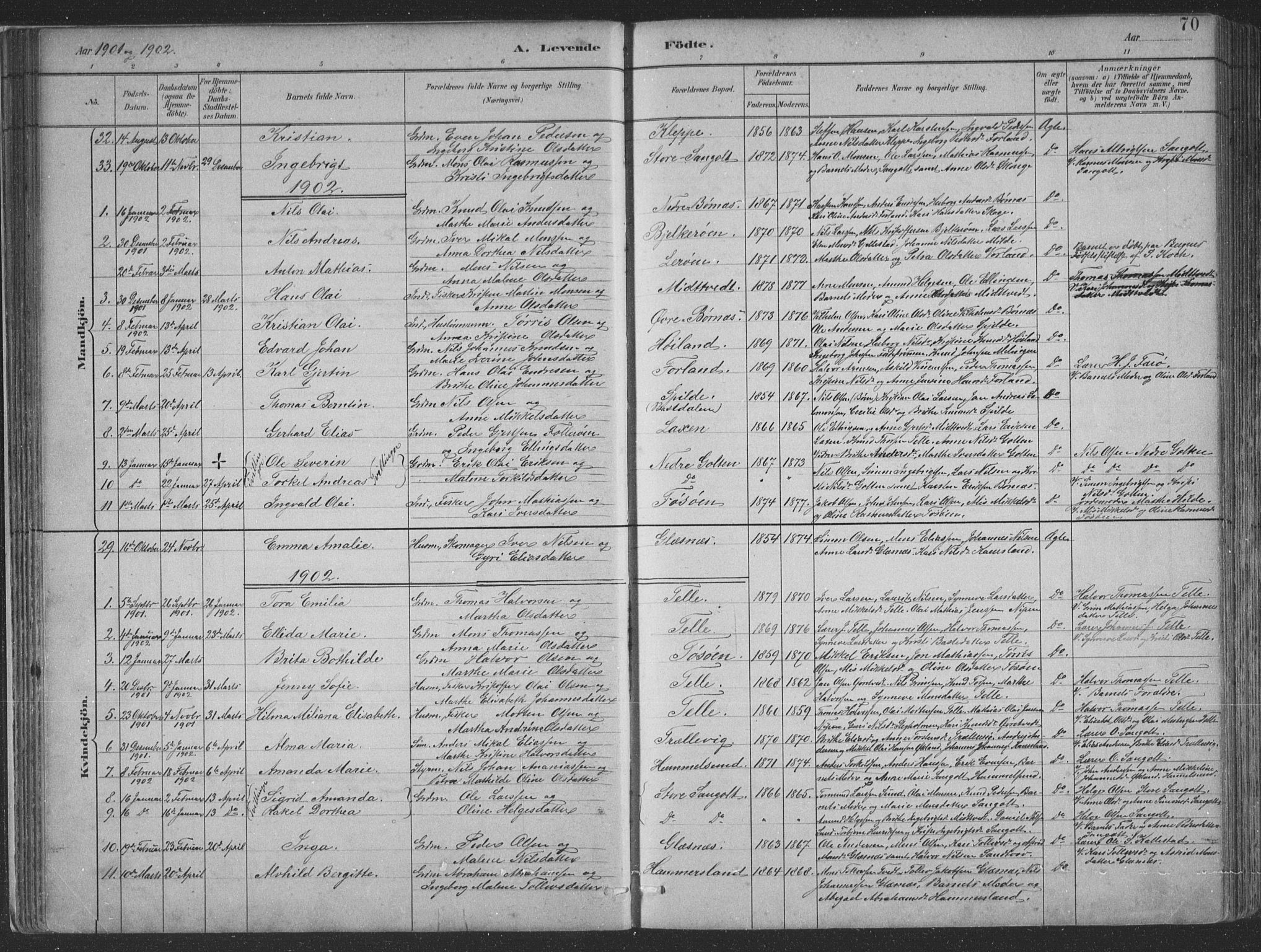 Sund sokneprestembete, AV/SAB-A-99930: Parish register (copy) no. B 3, 1882-1911, p. 70