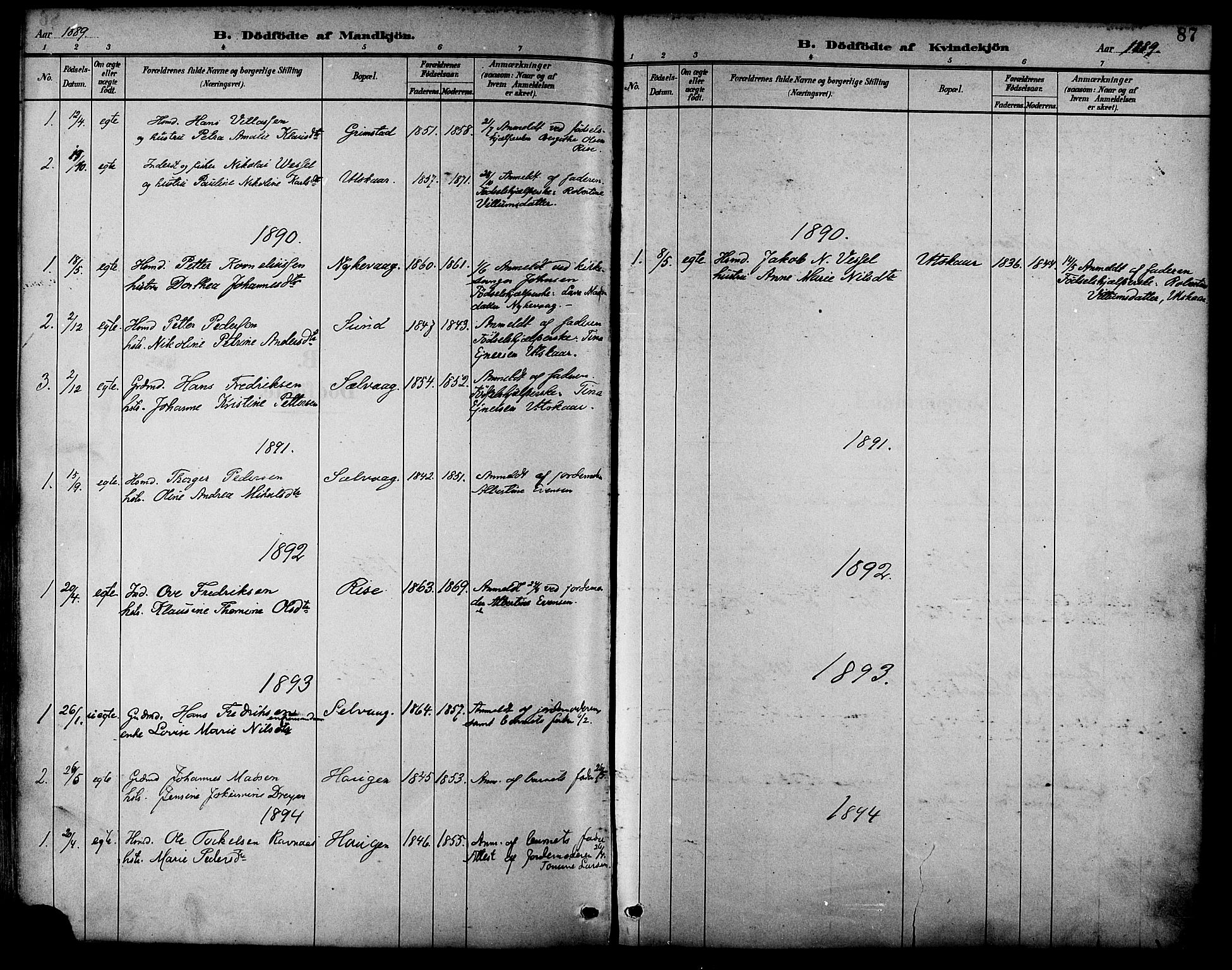 Ministerialprotokoller, klokkerbøker og fødselsregistre - Nordland, AV/SAT-A-1459/892/L1320: Parish register (official) no. 892A01, 1886-1901, p. 87