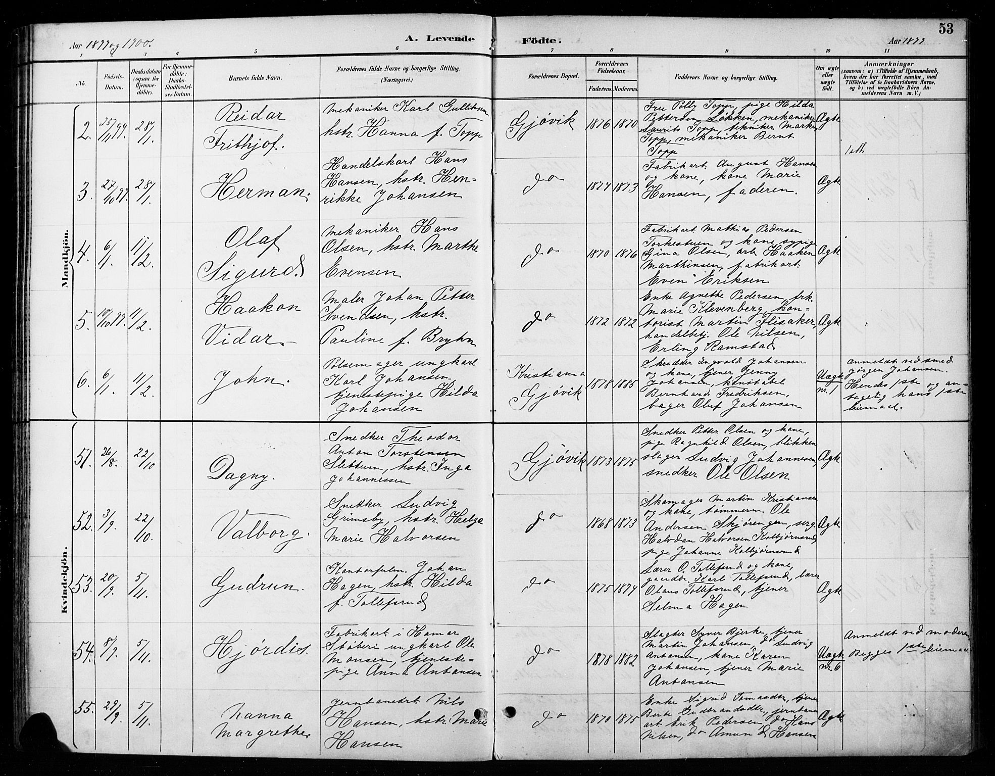 Vardal prestekontor, SAH/PREST-100/H/Ha/Haa/L0011: Parish register (official) no. 11, 1891-1901, p. 53