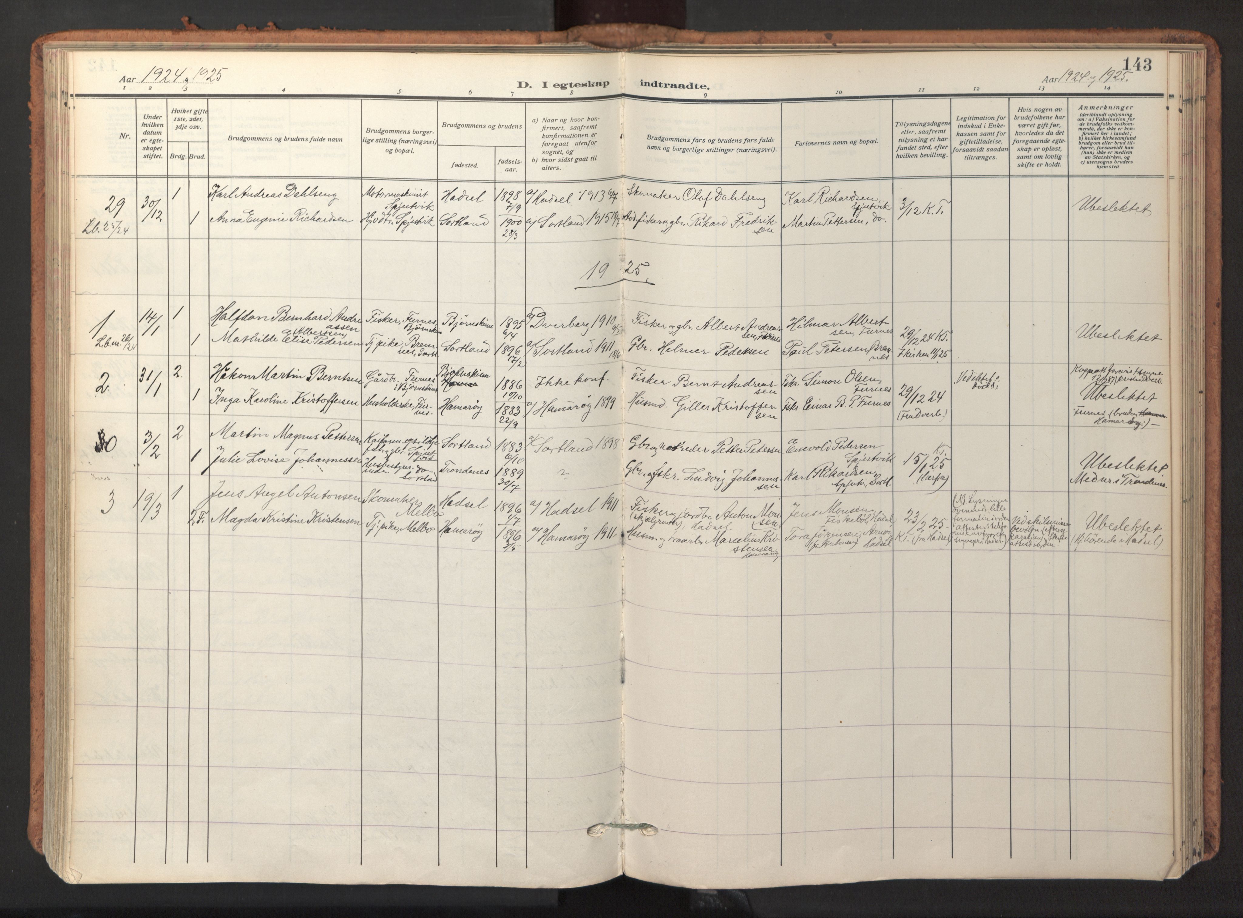 Ministerialprotokoller, klokkerbøker og fødselsregistre - Nordland, AV/SAT-A-1459/895/L1374: Parish register (official) no. 895A09, 1915-1925, p. 143