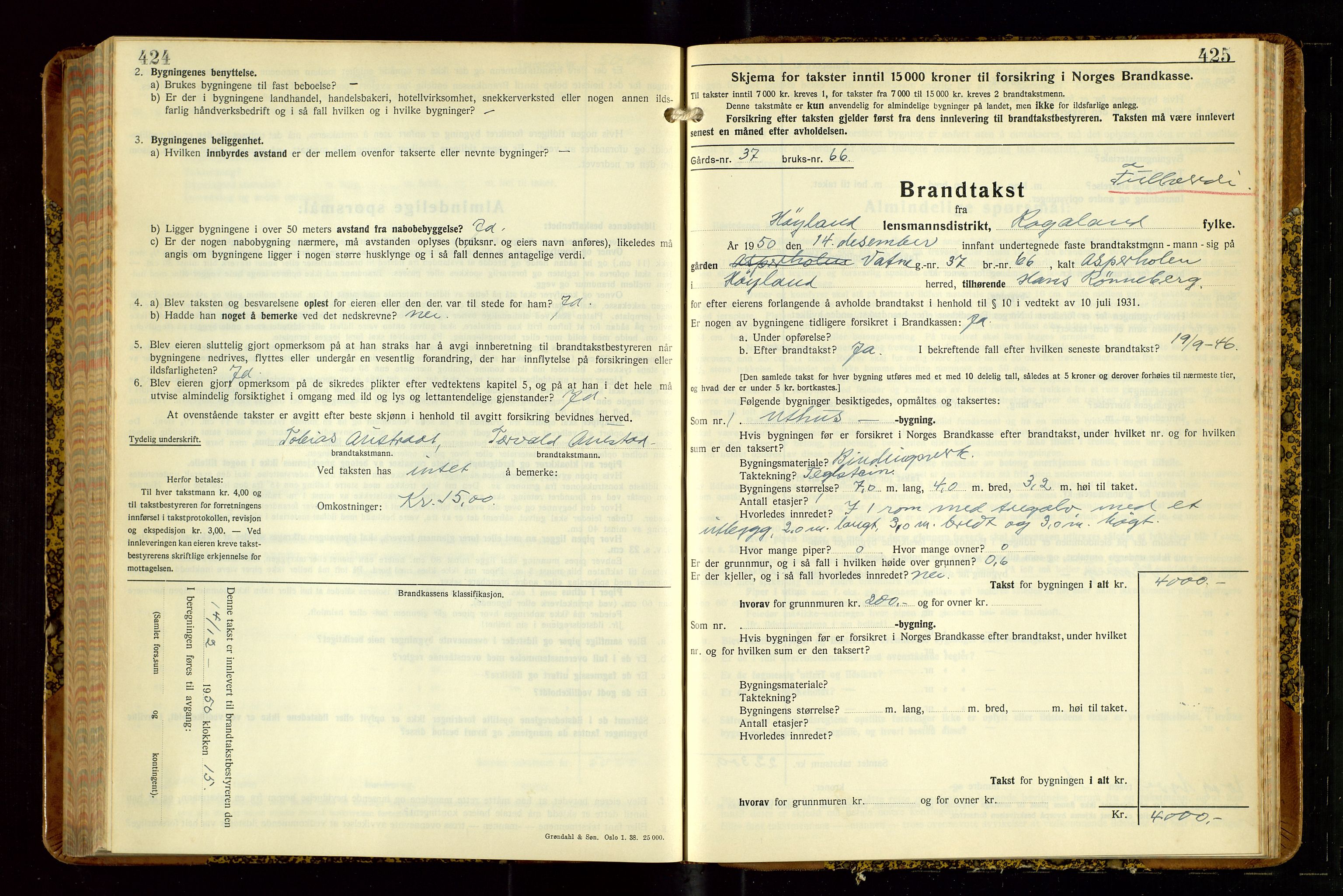 Høyland/Sandnes lensmannskontor, SAST/A-100166/Gob/L0008: "Branntakstprotokoll", 1940-1952, p. 424-425