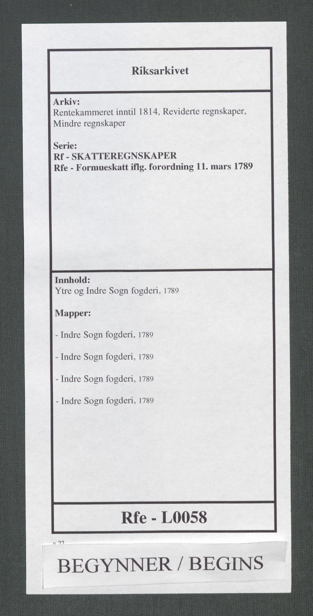 Rentekammeret inntil 1814, Reviderte regnskaper, Mindre regnskaper, RA/EA-4068/Rf/Rfe/L0058: Ytre og Indre Sogn fogderi, 1789, p. 1