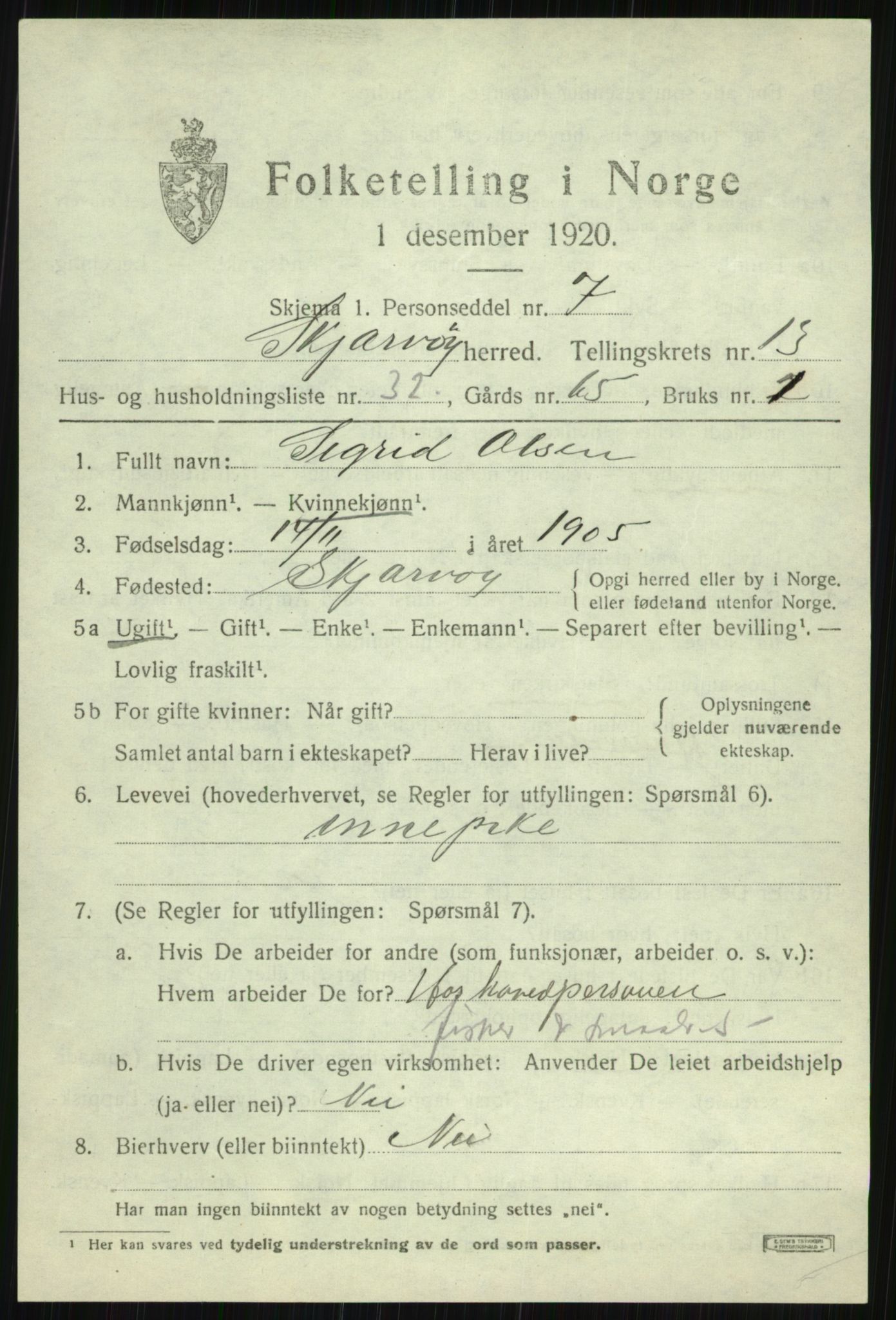 SATØ, 1920 census for Skjervøy, 1920, p. 6785