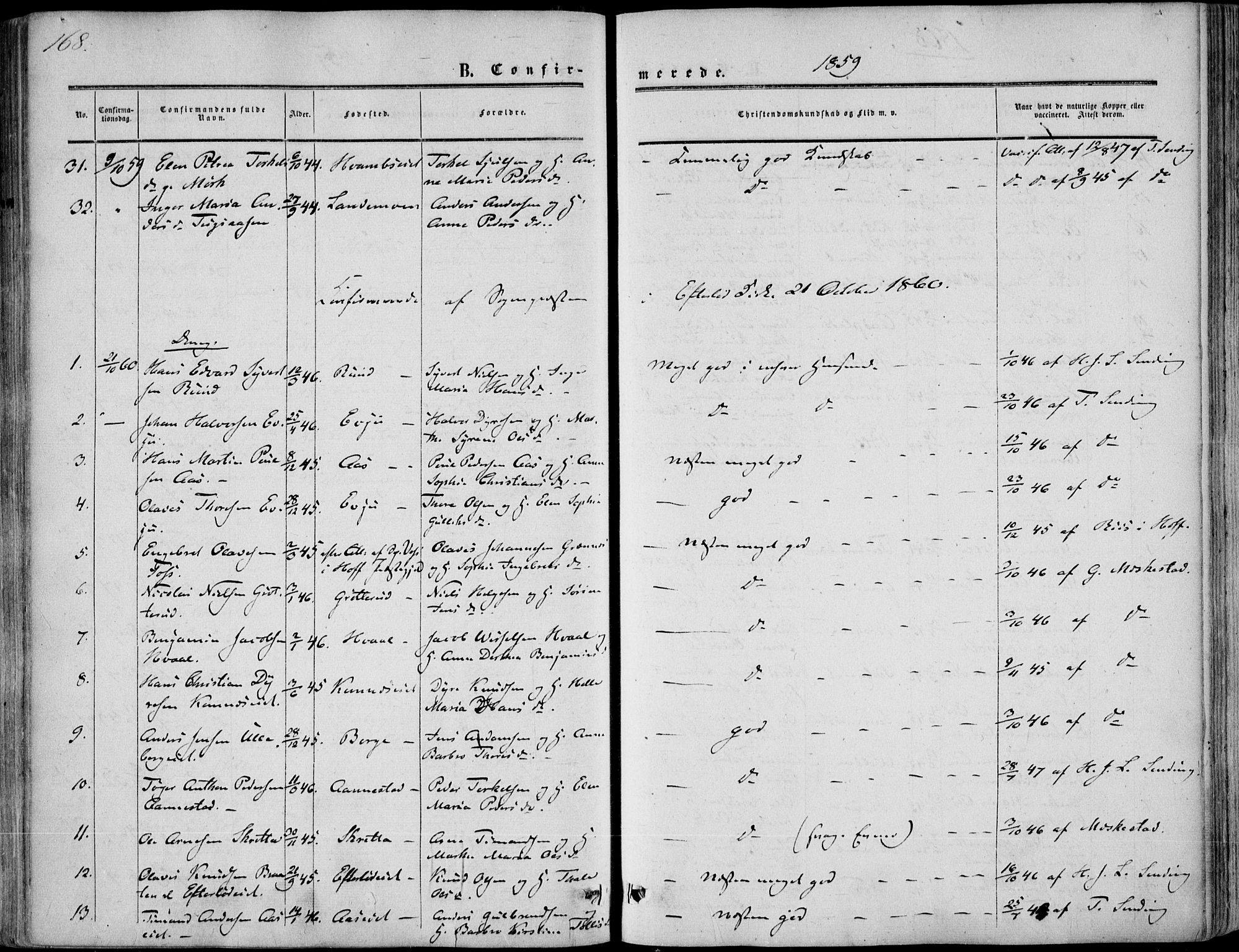 Sandsvær kirkebøker, SAKO/A-244/F/Fa/L0006: Parish register (official) no. I 6, 1857-1868, p. 168