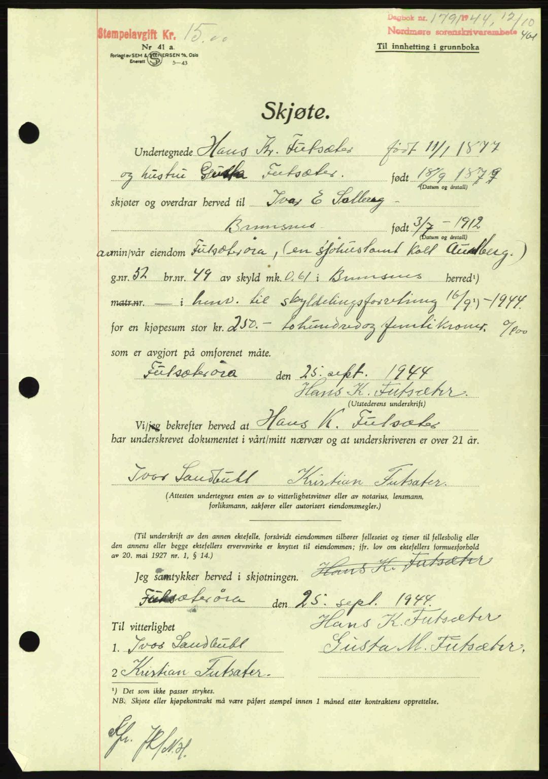 Nordmøre sorenskriveri, AV/SAT-A-4132/1/2/2Ca: Mortgage book no. A98, 1944-1944, Diary no: : 1791/1944